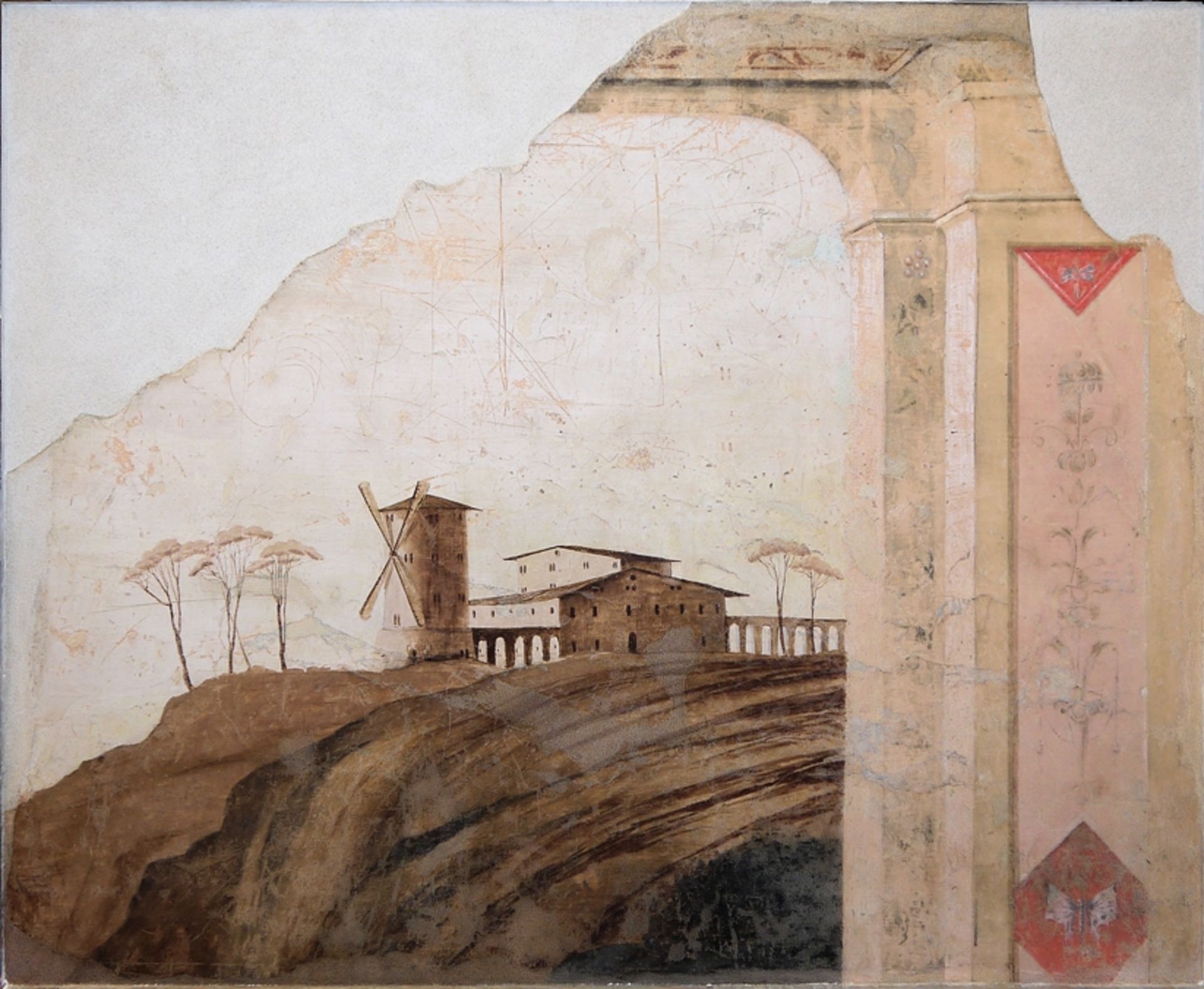 Wandfresko aus Palazzo in Tarquinia im Stil der pompejanischen Wandmalerei um 1900, gerahmt