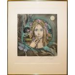 Ernst Fuchs, Blumenmädchen (Flora), signierte Farbradierung 