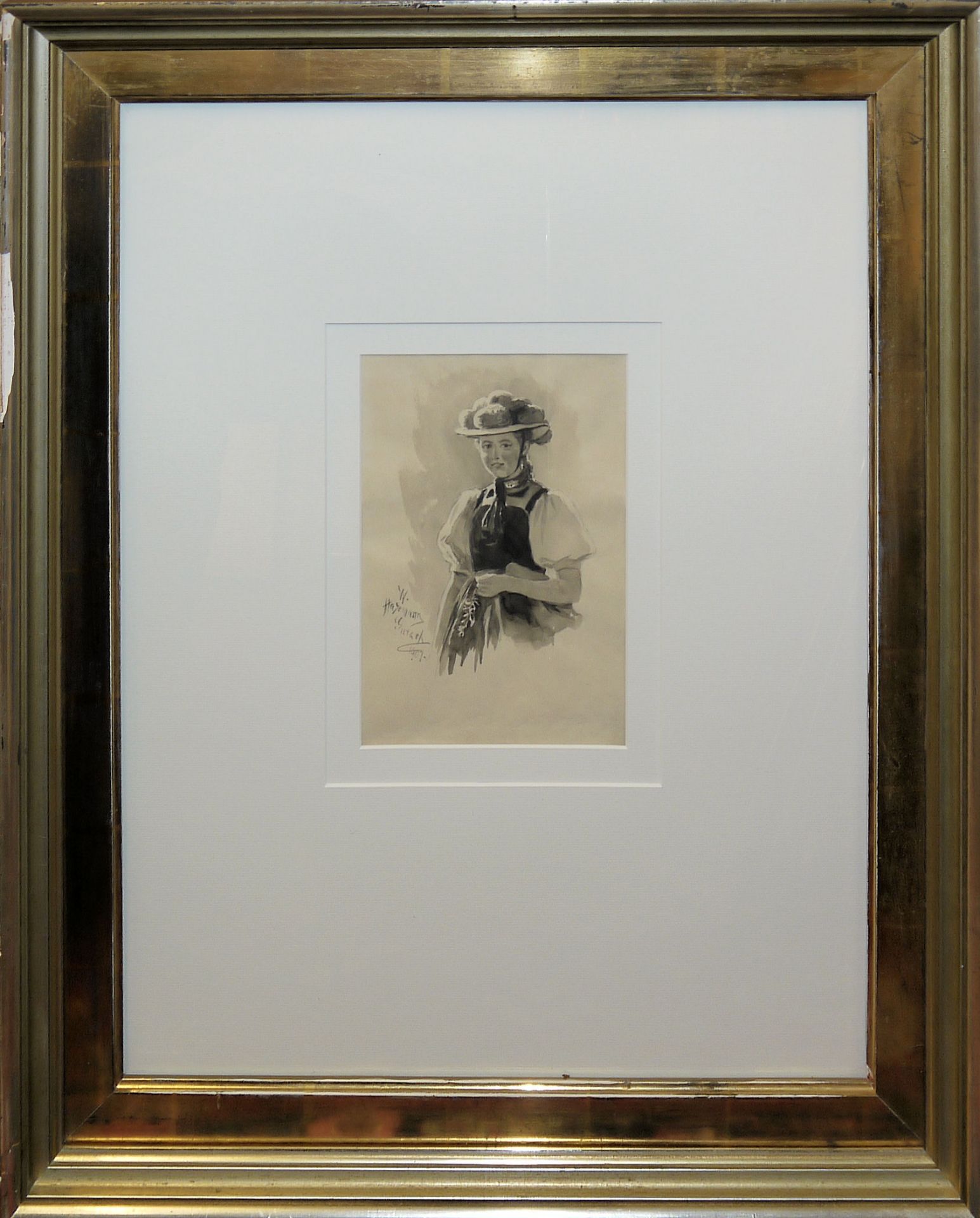 Wilhelm Hasemann, Schwarzwaldmädchen, Aquarell von 1901 und Landschaft, Zeichnung, beide aufwändig  - Bild 3 aus 4