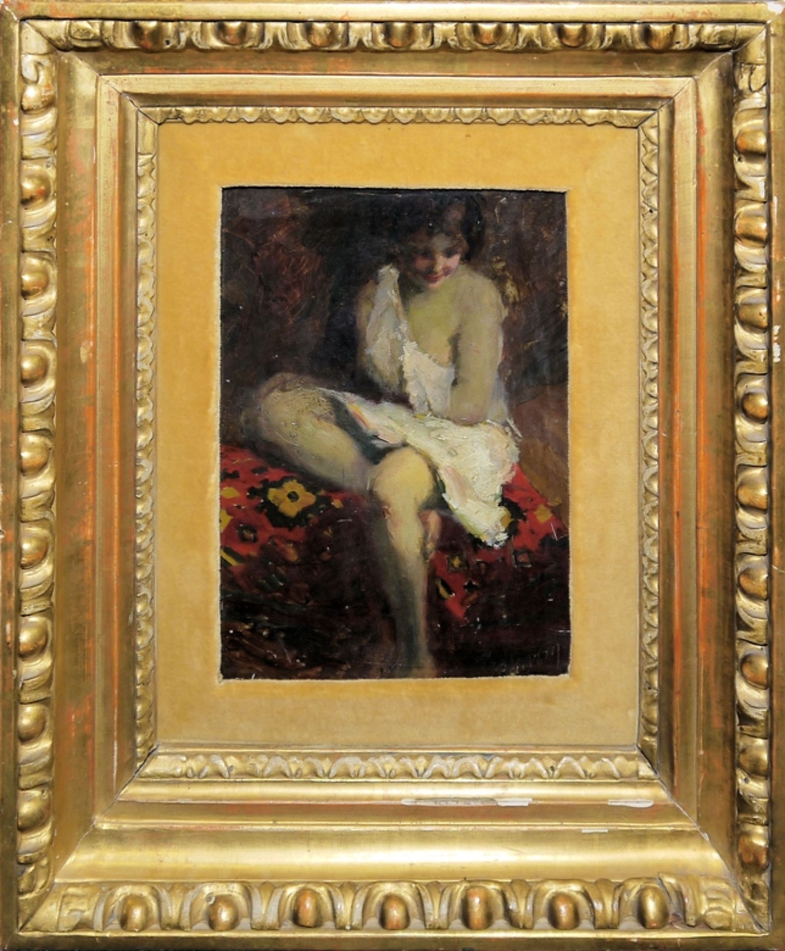Ernö Ernest Vörös von Bèl, Boudoir mit eine leicht bekleideten jungen Frau, Ölgemälde, gerahmt