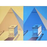 Eduardo Arroyo, "Pyramides" in Blau und Beige, 2 signierte Farblithographien von 1972 