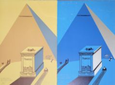 Eduardo Arroyo, "Pyramides" in Blau und Beige, 2 signierte Farblithographien von 1972