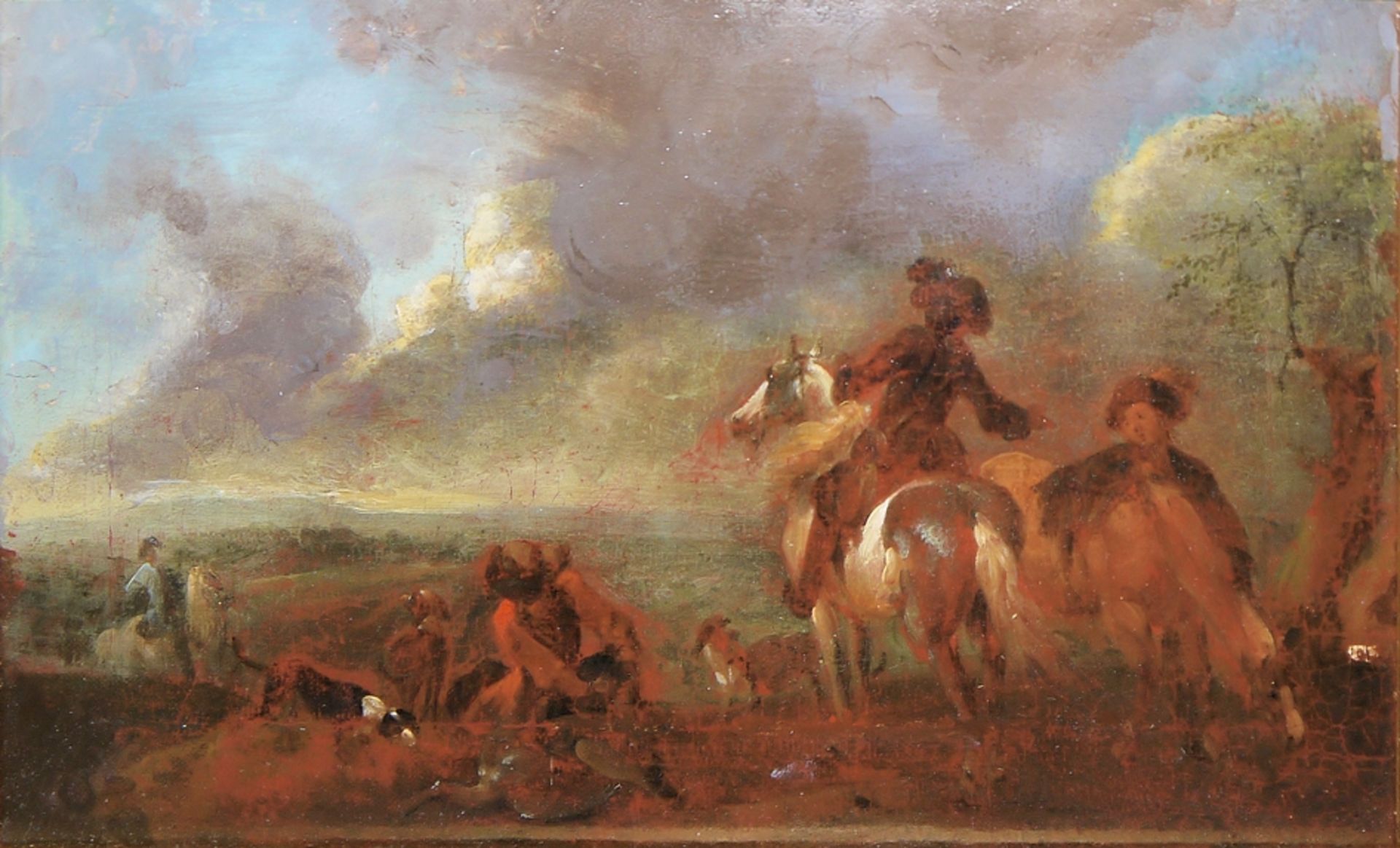 Philips Wouwerman Werkstatt/ Umkreis, Jagdgesellschaften, Paar Gegenstücke, Ölgemälde, gleich alt g - Bild 4 aus 6