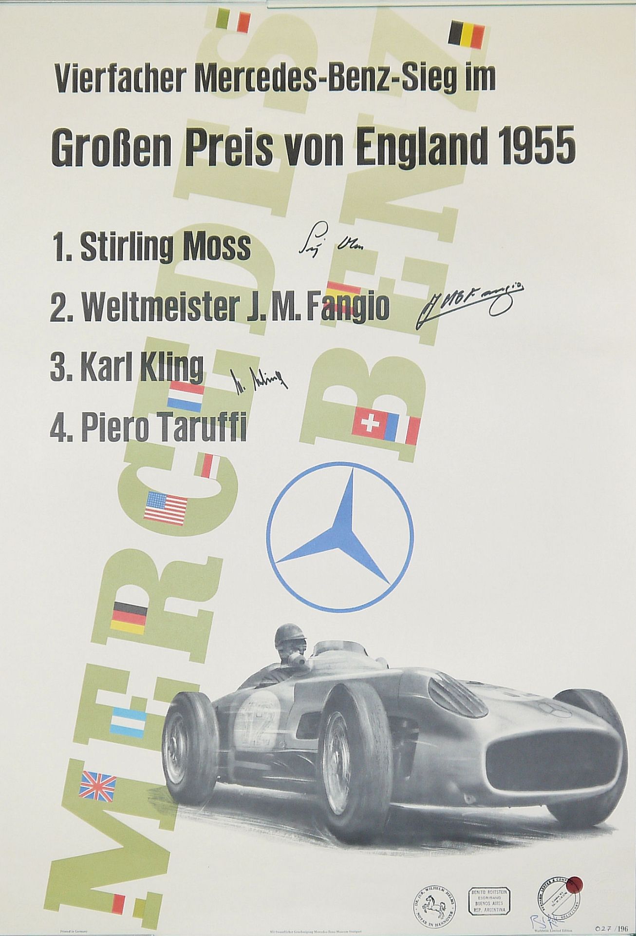 Mercedes Benz Rennplakat, "Großer Preis von England 1955", Lithographie, signiert von Stirling Moss