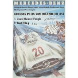 Mercedes-Benz Rennplakat von Hans Liska, "Doppelsieg im Großen Preis von Frankreich 1954", Lithogra