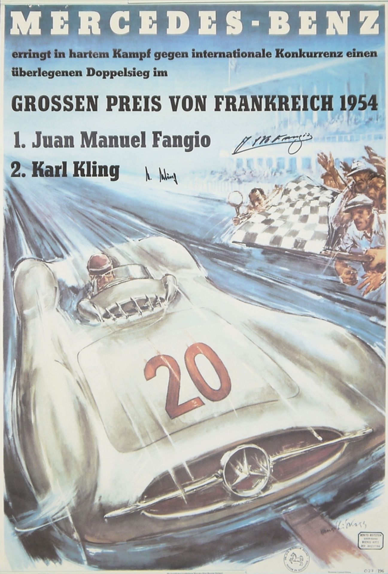 Mercedes-Benz Rennplakat von Hans Liska, "Doppelsieg im Großen Preis von Frankreich 1954", Lithogra