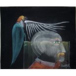 Paul Wunderlich, Selbstbildnis mit Papagei, signiertes Pastell von 1990