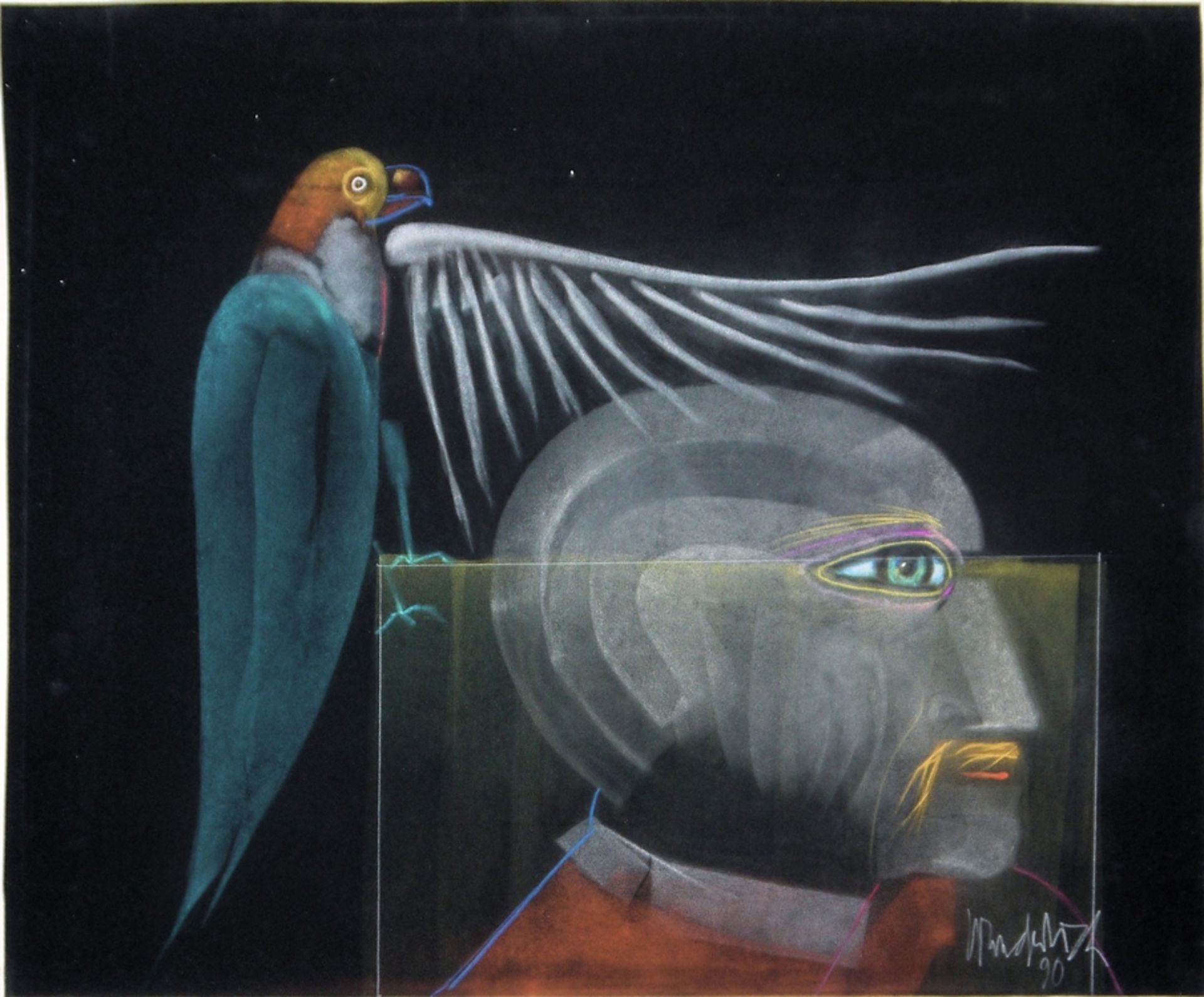 Paul Wunderlich, Selbstbildnis mit Papagei, signiertes Pastell von 1990