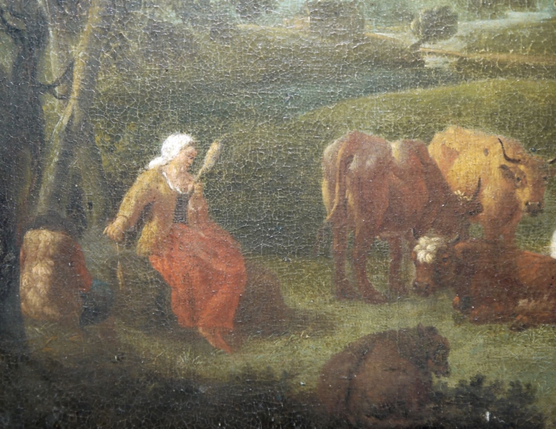 Adriaen van de Velde, Bäuerin mit Schafen und Rindern, sign. Ölgemälde von 1663 (1669 ?), gerahmt - Bild 2 aus 4