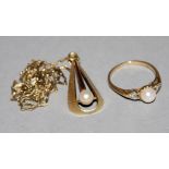 Perlenring mit Brillanten & Perlenanhänger an Kette, Gold