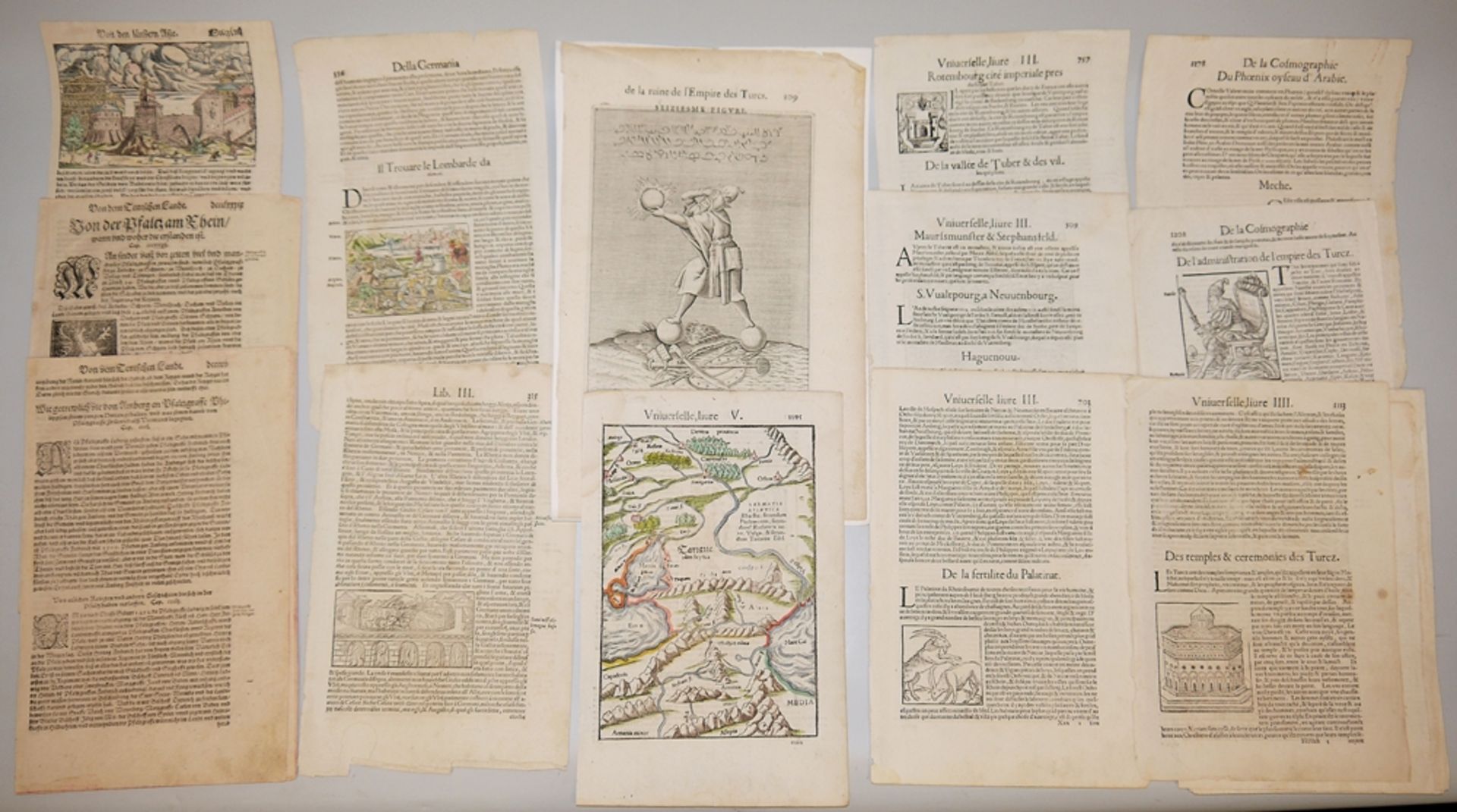 Sebastian Münster, 24 Blätter aus unterschiedlichen Ausgaben seiner "Cosmographia" des 16. Jh. mit 