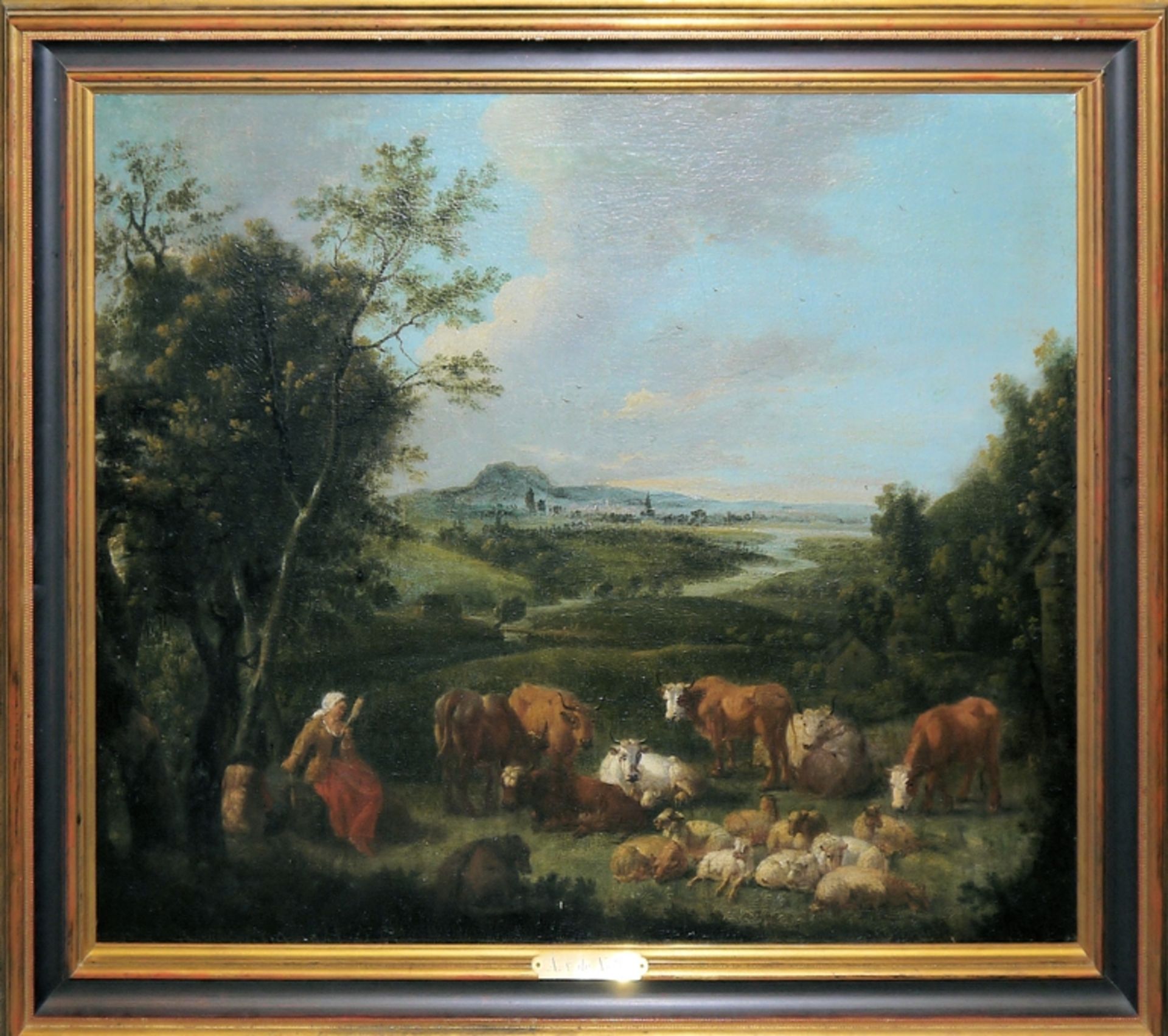 Adriaen van de Velde, Bäuerin mit Schafen und Rindern, sign. Ölgemälde von 1663 (1669 ?), gerahmt