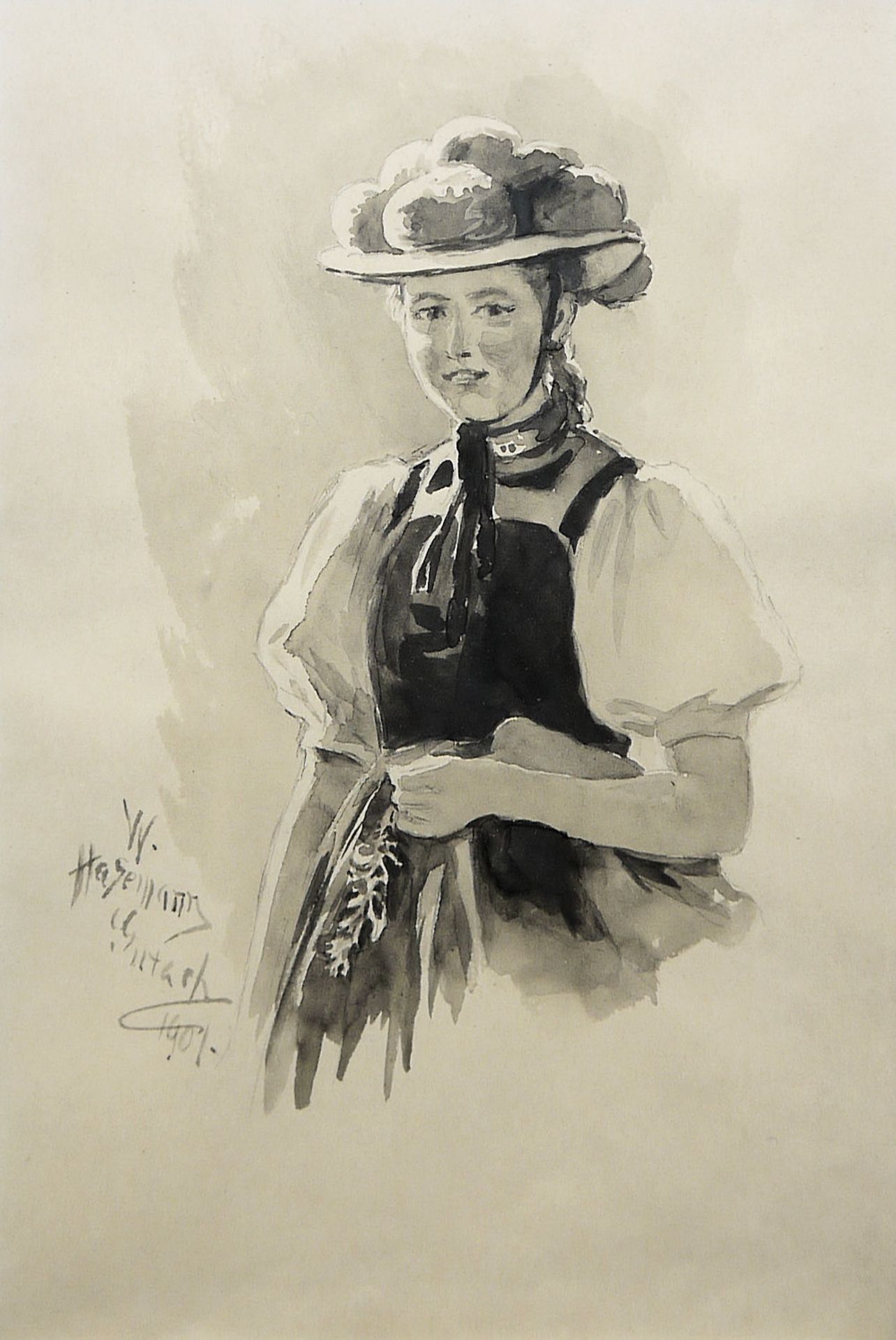 Wilhelm Hasemann, Schwarzwaldmädchen, Aquarell von 1901 und Landschaft, Zeichnung, beide aufwändig  - Bild 4 aus 4