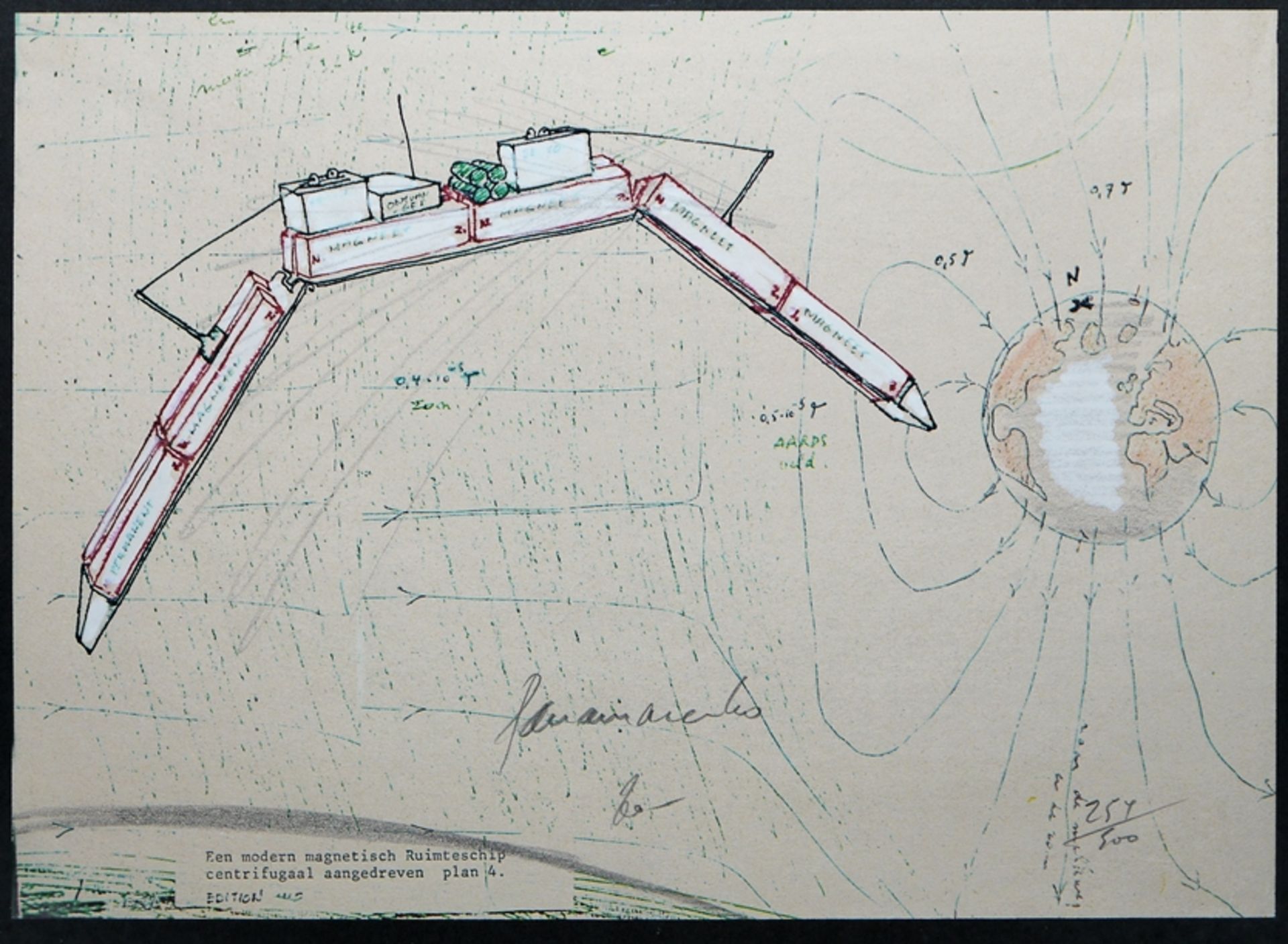 Panamarenko, "Een modern magnetisch Ruimteship centrifugaal aangedreven - plan 4", handkolorierte,  - Bild 2 aus 3