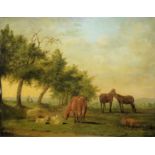 Balthasar Paul Ommeganck, Weidende Pferde, Kühe und Schafe mit Hirte unter Baumgruppe, Ölgemälde ge