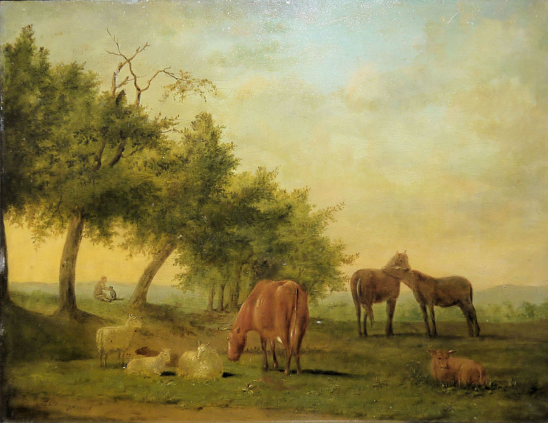 Balthasar Paul Ommeganck, Weidende Pferde, Kühe und Schafe mit Hirte unter Baumgruppe, Ölgemälde ge
