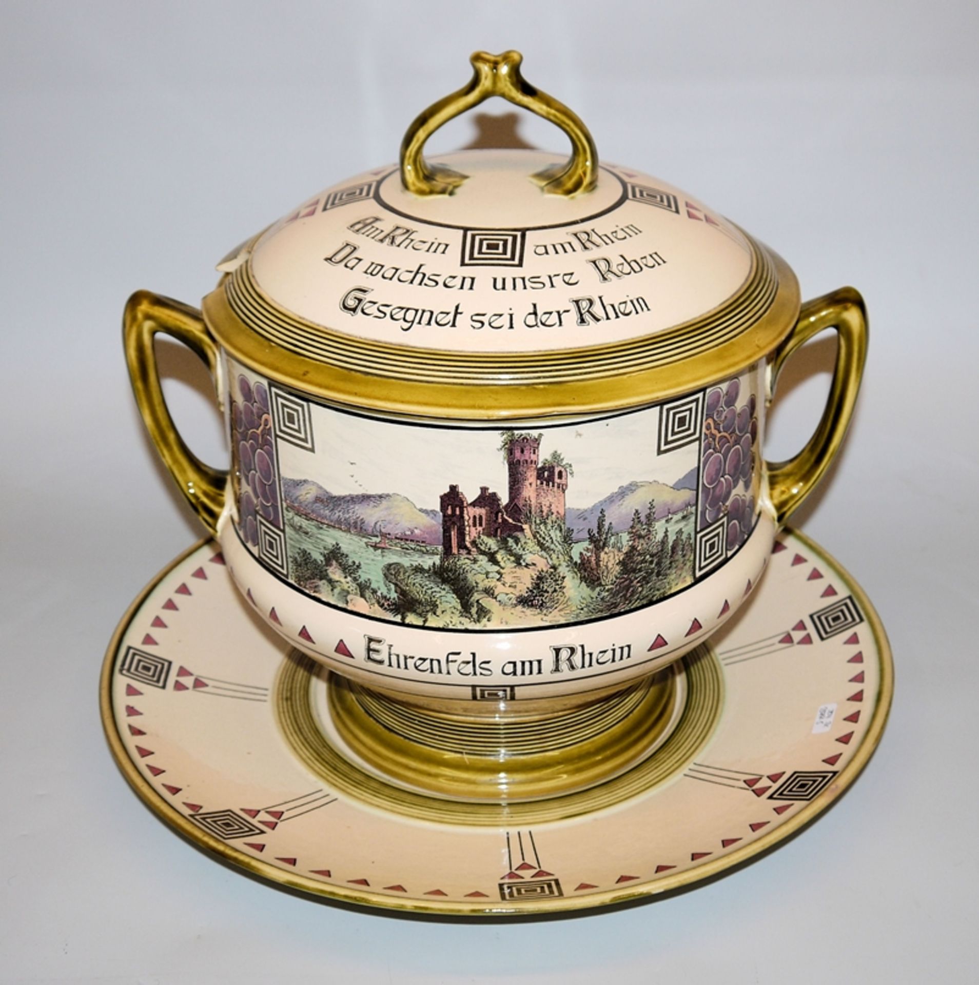 Große Jugendstil-Bowle auf Unterteller, Villeroy & Boch, Mettlach um 1910