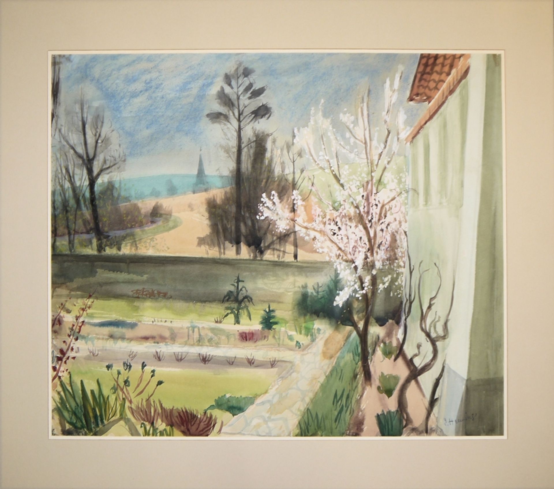Erwin Henning, Ausblick aus dem Garten im Frühling, Aquarell um 1950 - Bild 2 aus 3