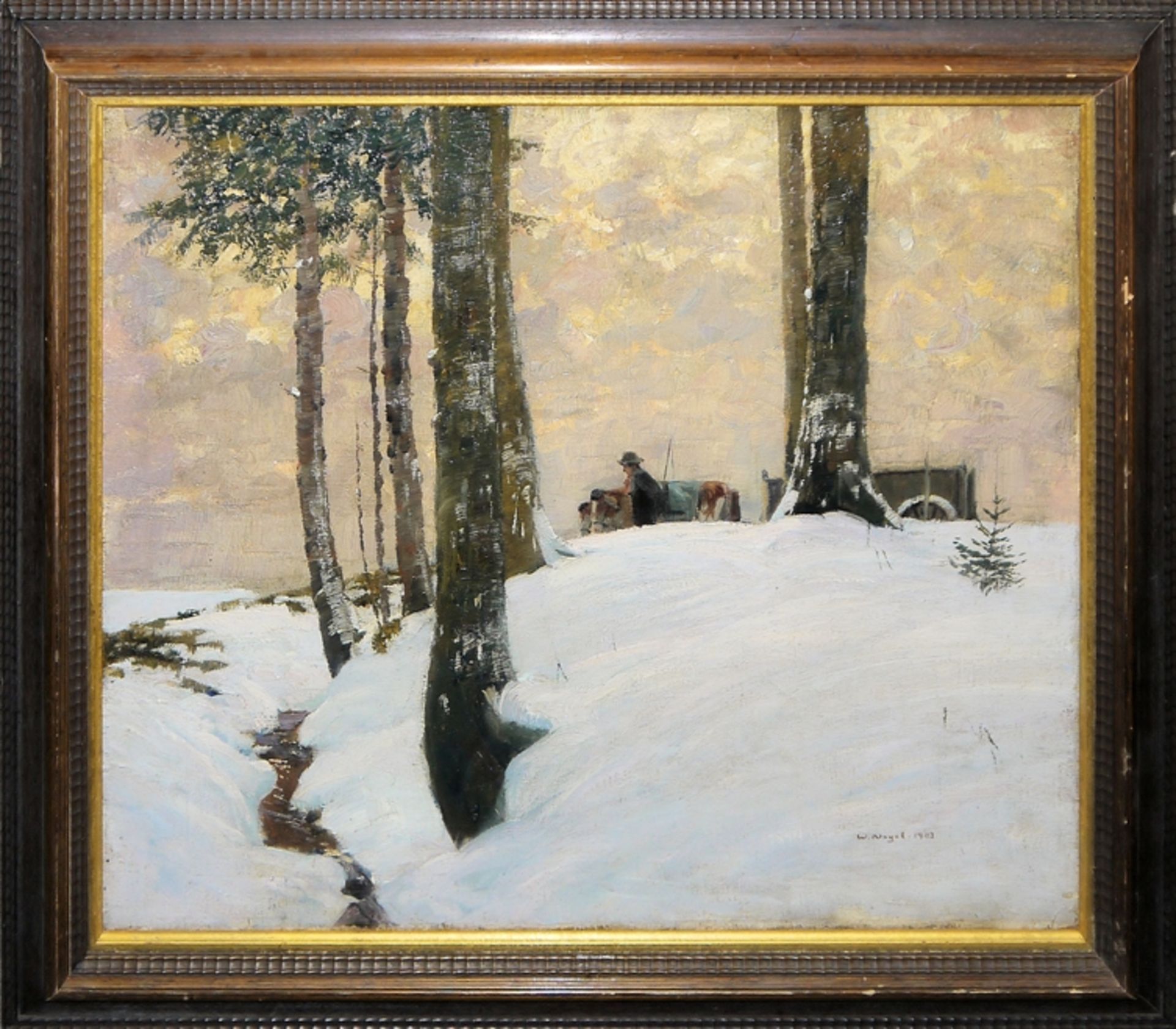 Wilhelm Nagel, Winterlandschaft mit Gespann, Ölgemälde von 1903, gerahmt - Bild 2 aus 4