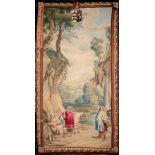 Tapisserie mit Familienwappen und bukolischer Szene, flämisch um 1700