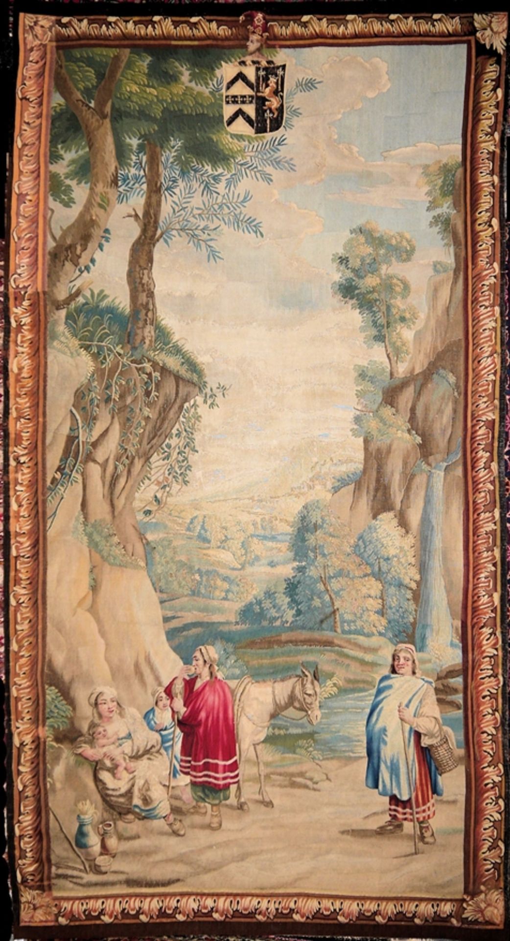 Tapisserie mit Familienwappen und bukolischer Szene, flämisch um 1700
