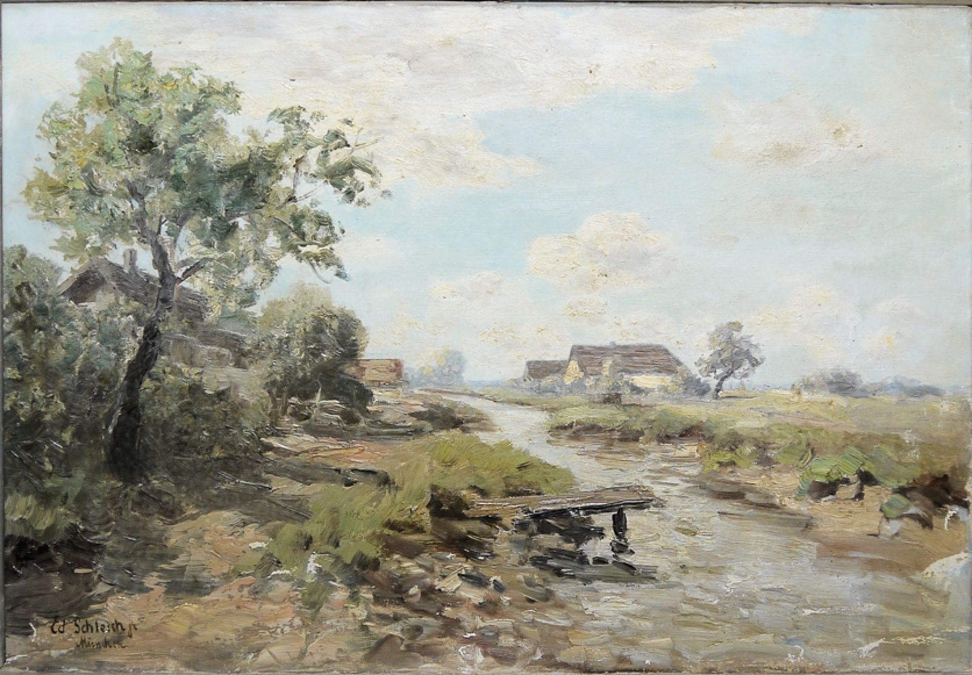 Eduard II Schleich, Flusslandschaft mit Bauernhäuser, impressionistisches Ölgemälde, München 1882, 