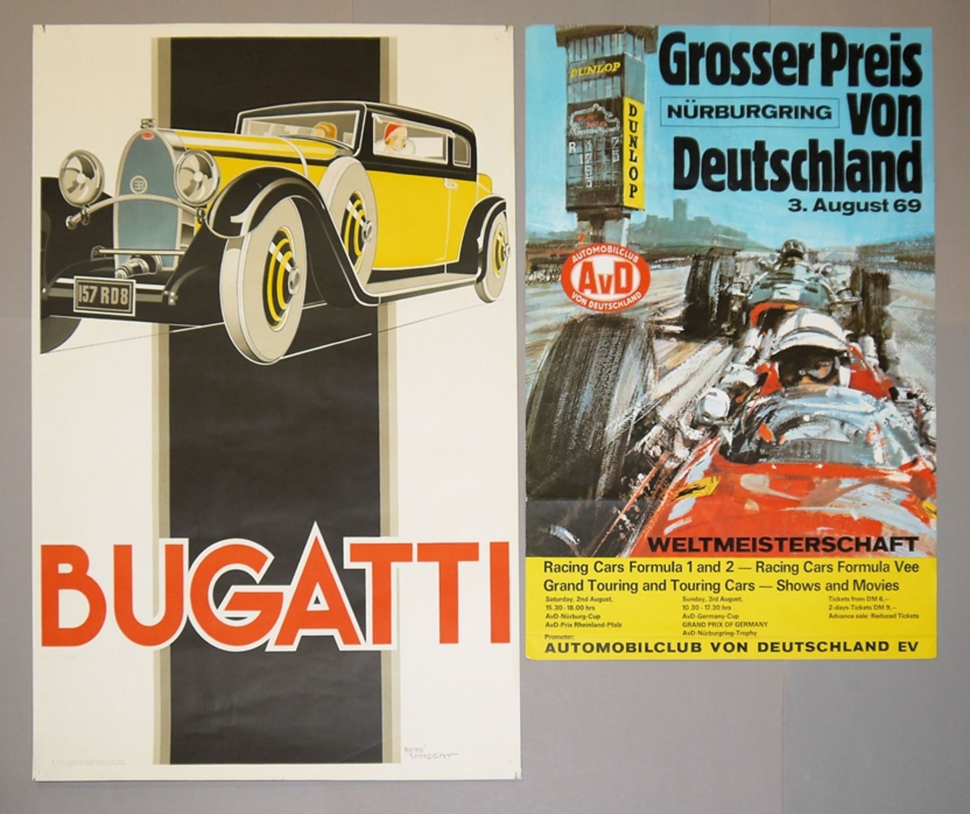 René Vincent, "Bugatti", Farblithographie, Werbeplakat, dazu Plakat Nürburgring