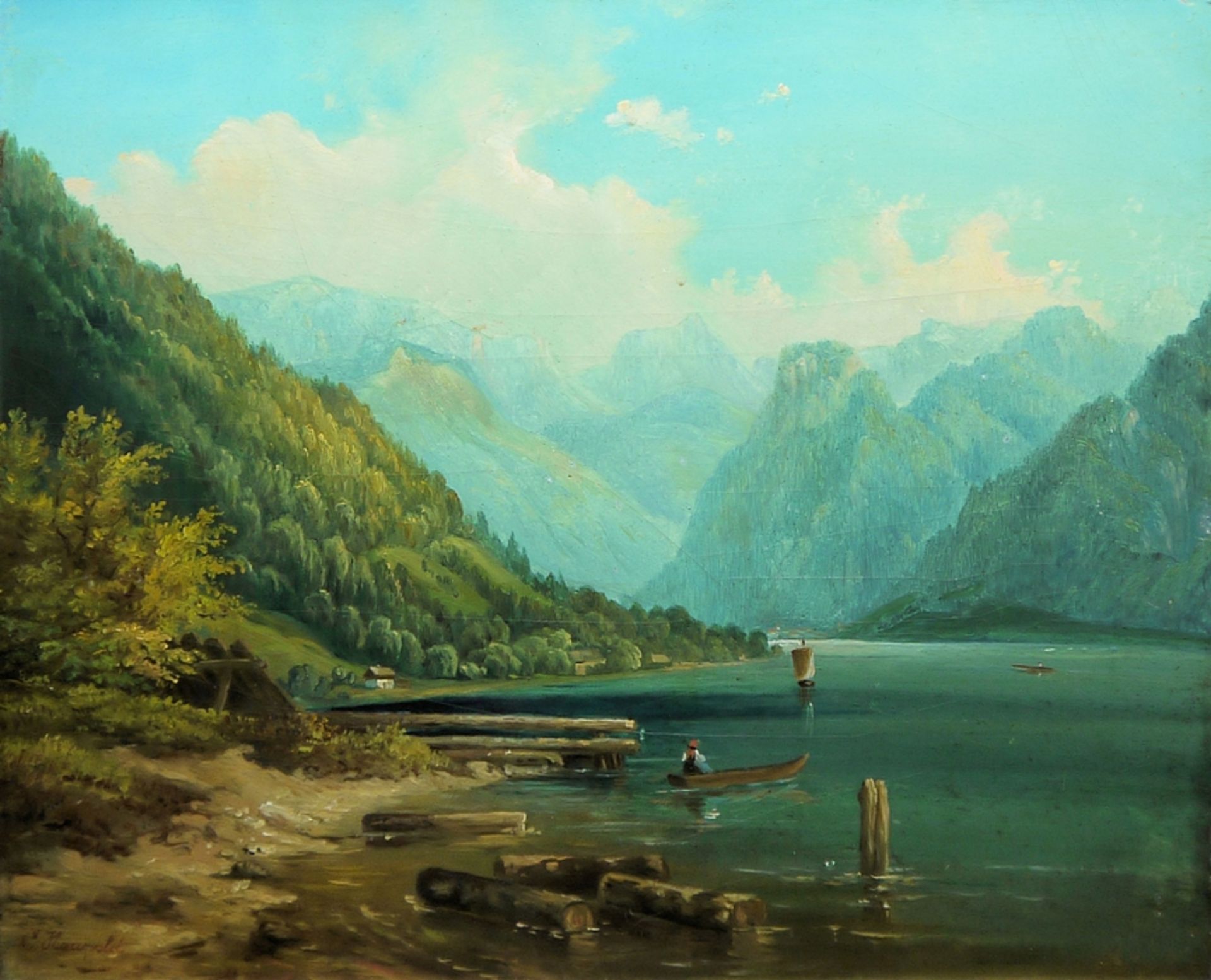 Carl Haunold, Alpiner See mit Booten, Ölgemälde um 1860/70, im originalen Goldstuckrahmen