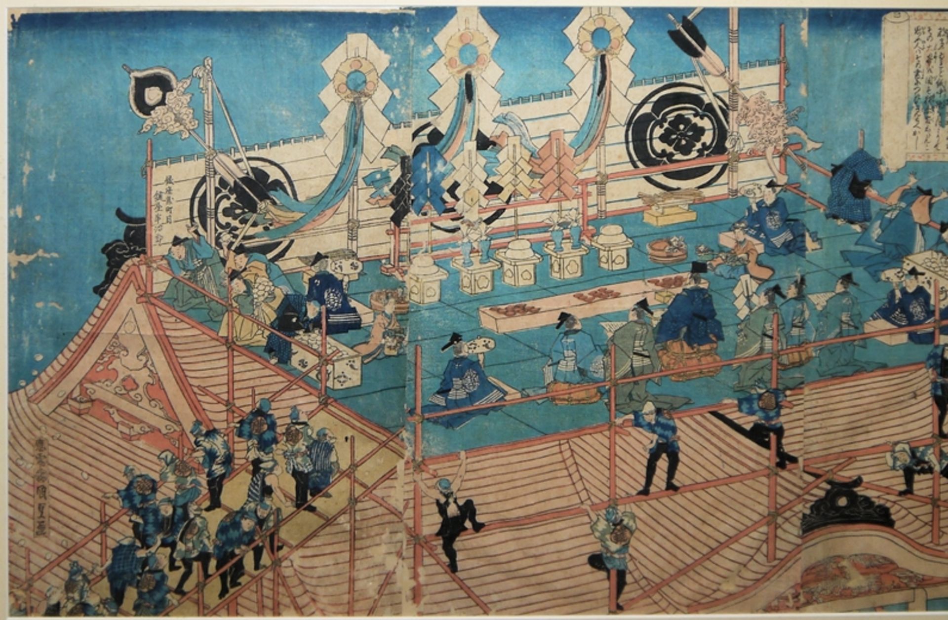 Kunisada, "Dachaufstockung der Zimmerleute von Kouchourou", Farbholzschnitt-Triptychon, Japan um 18 - Bild 3 aus 3
