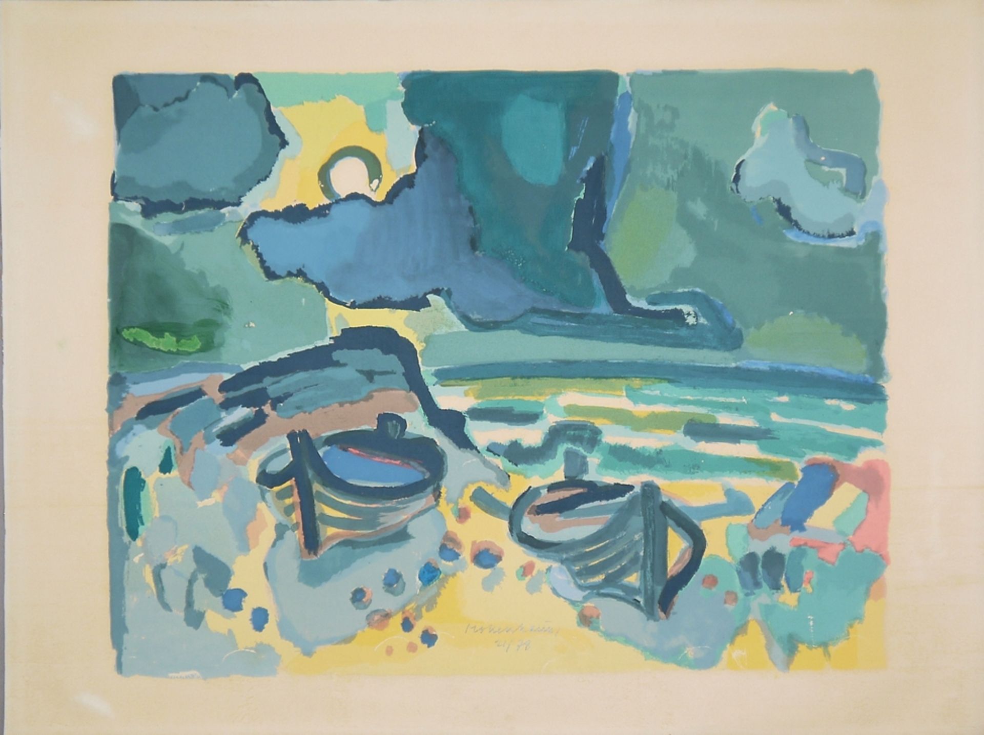 Ernst Mollenhauer, Boote am Strand von Sylt, große Farblithographie, signiert