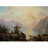 Alpenländisch 19. Jh., Siedlung mit Fischerhütten an einem Gebirgssee, Ölgemälde im originalen Prac