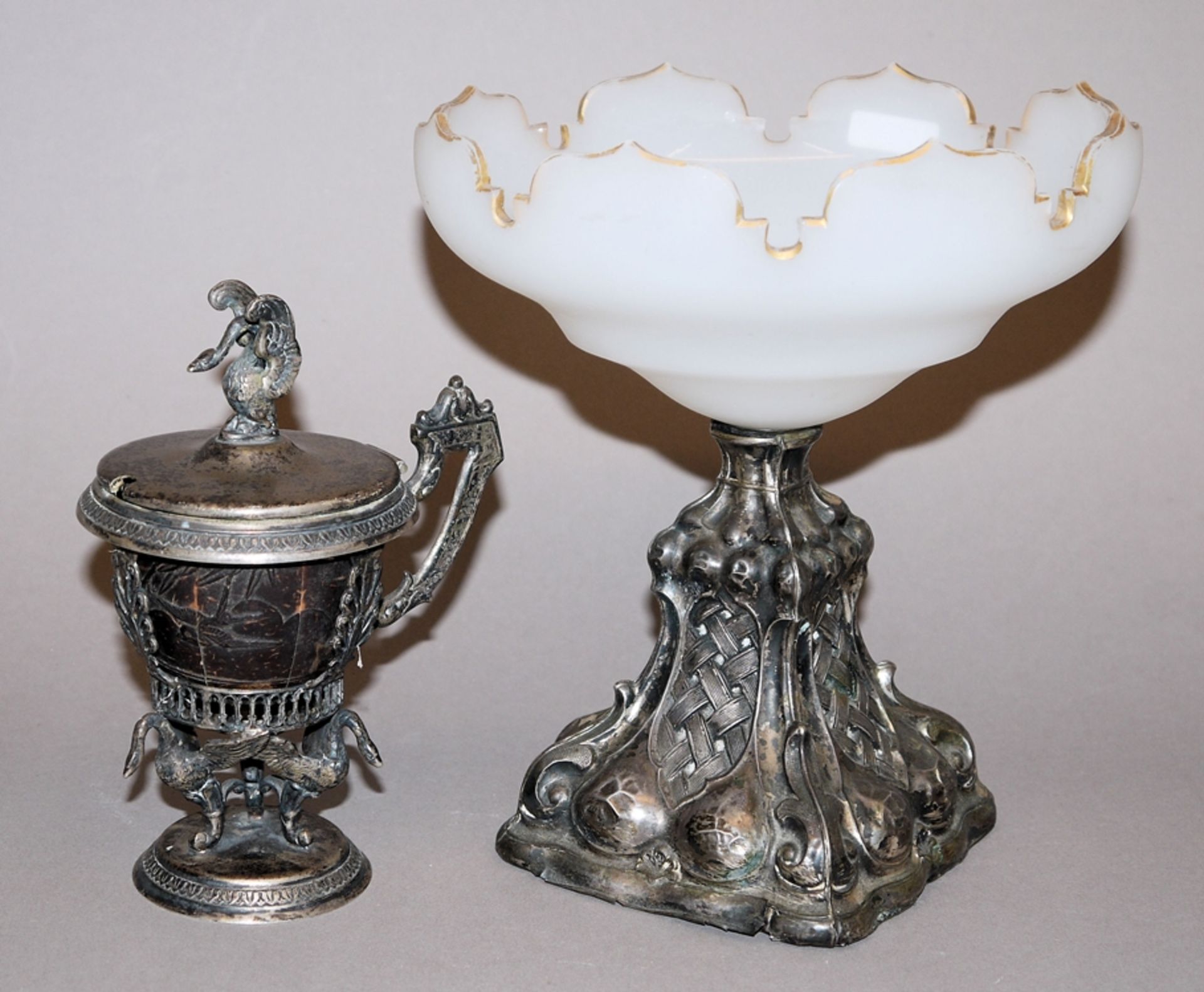 Augsburger Gewürztöpfchen, Silber, 18. Jh. & böhmische Biedermeier-Aufsatzschale mit Silberfuß