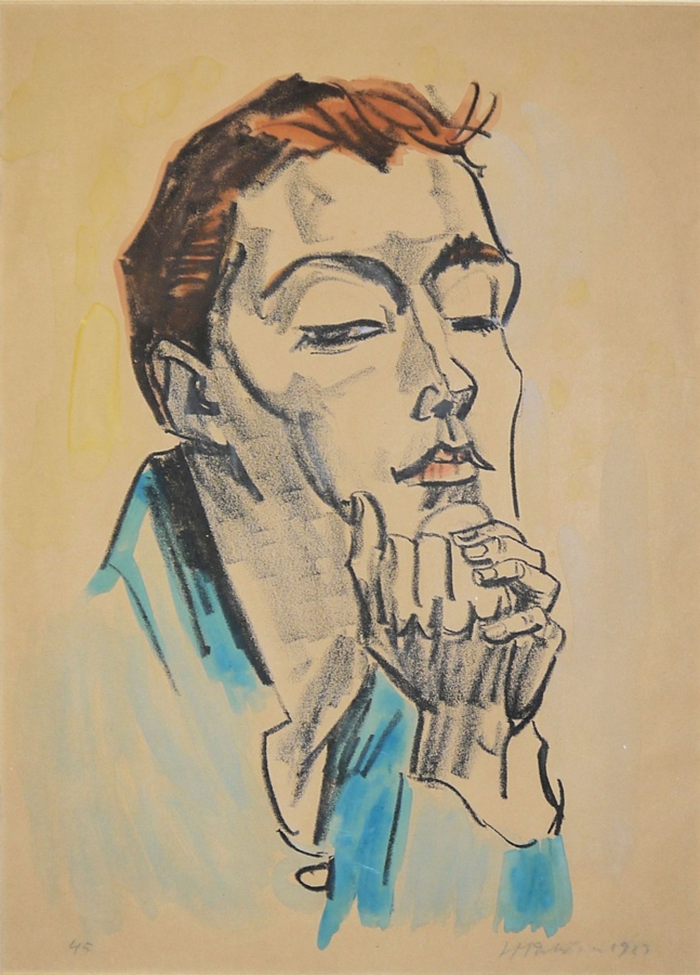 Max Pechstein, Überlegende, aquarellierte Lithografie, signiert, 1923