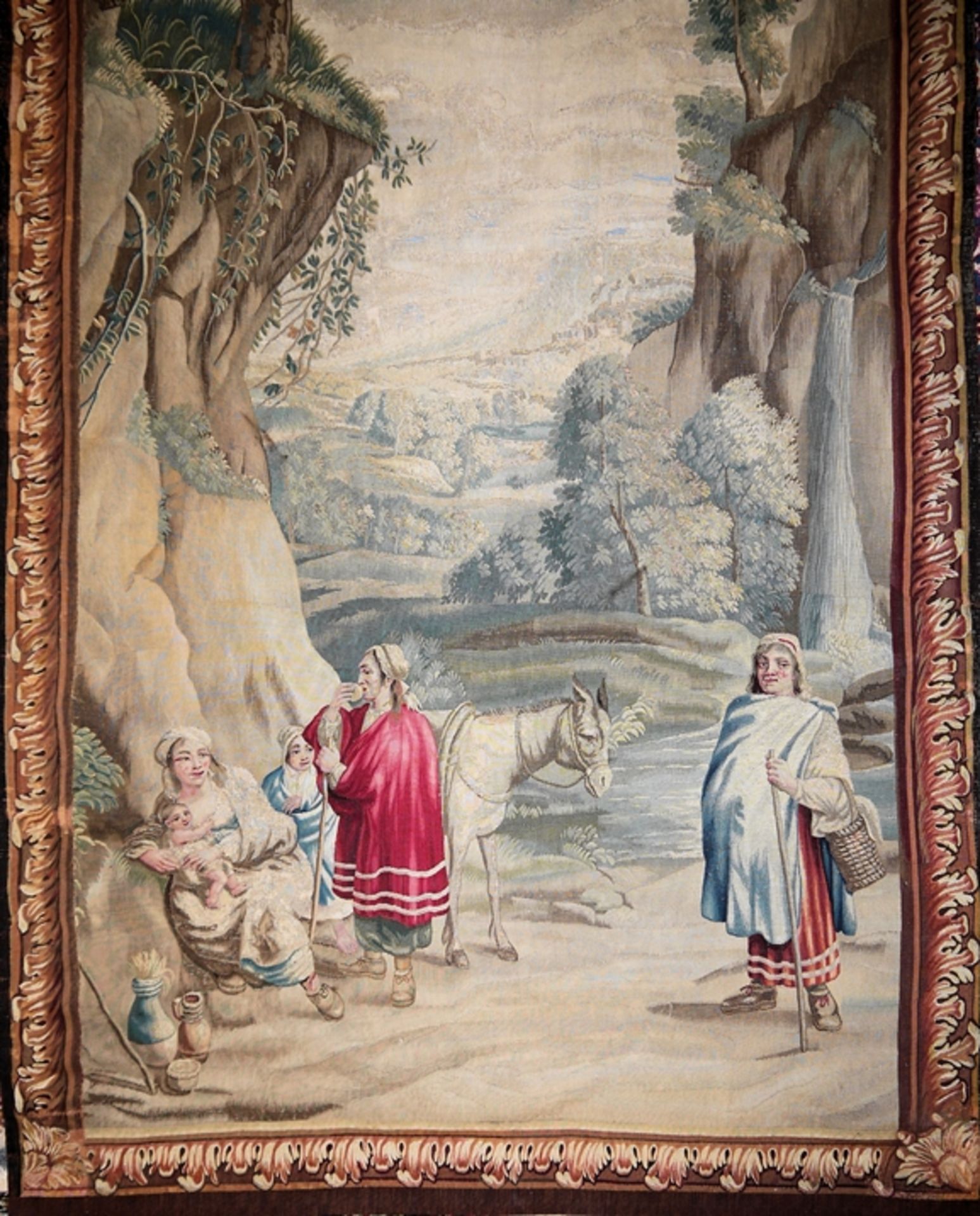 Tapisserie mit Familienwappen und bukolischer Szene, flämisch um 1700 - Bild 5 aus 5