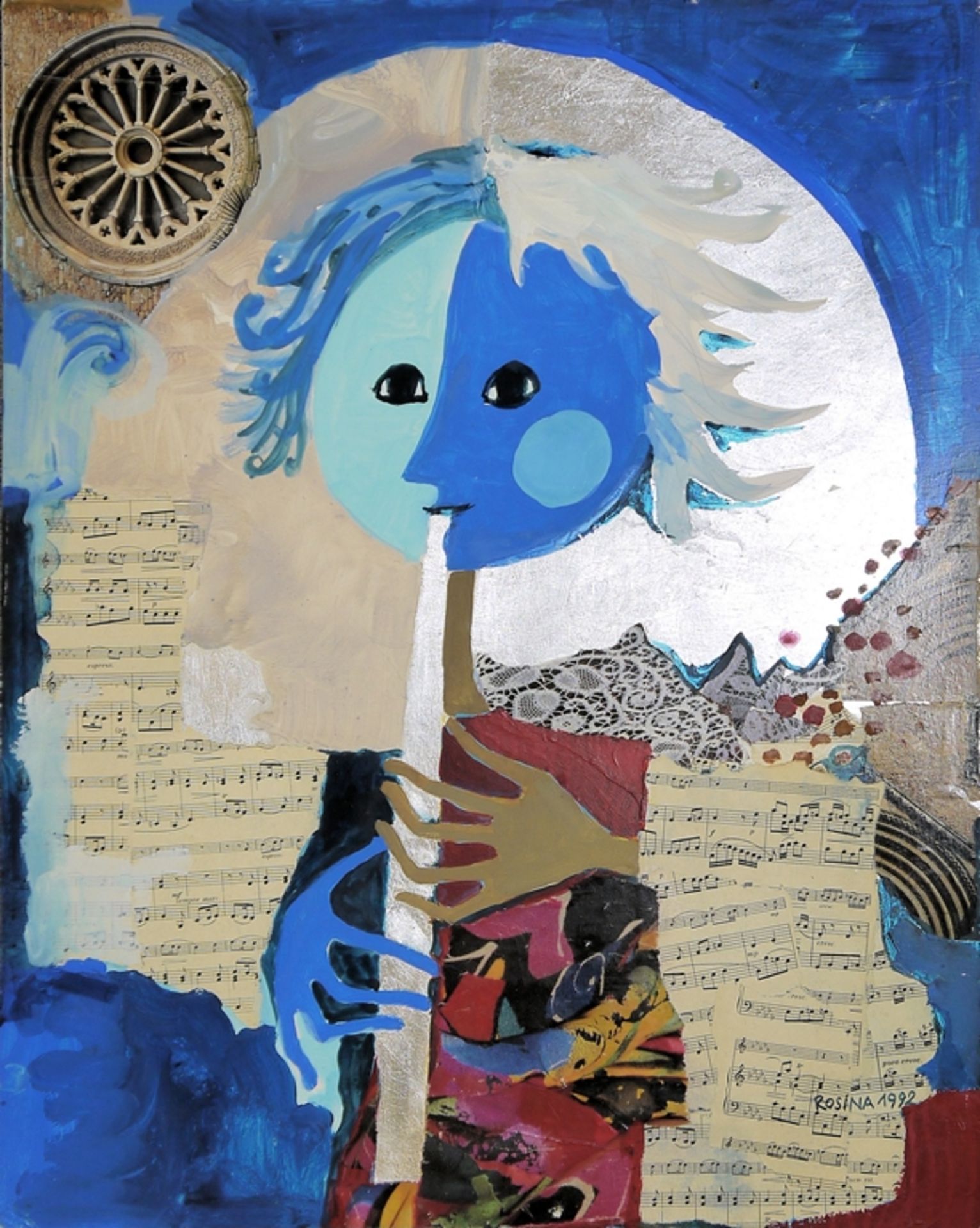 Rosina Wachtmeister, Flötenspielerin, Mischtechnik/Collage von 1992