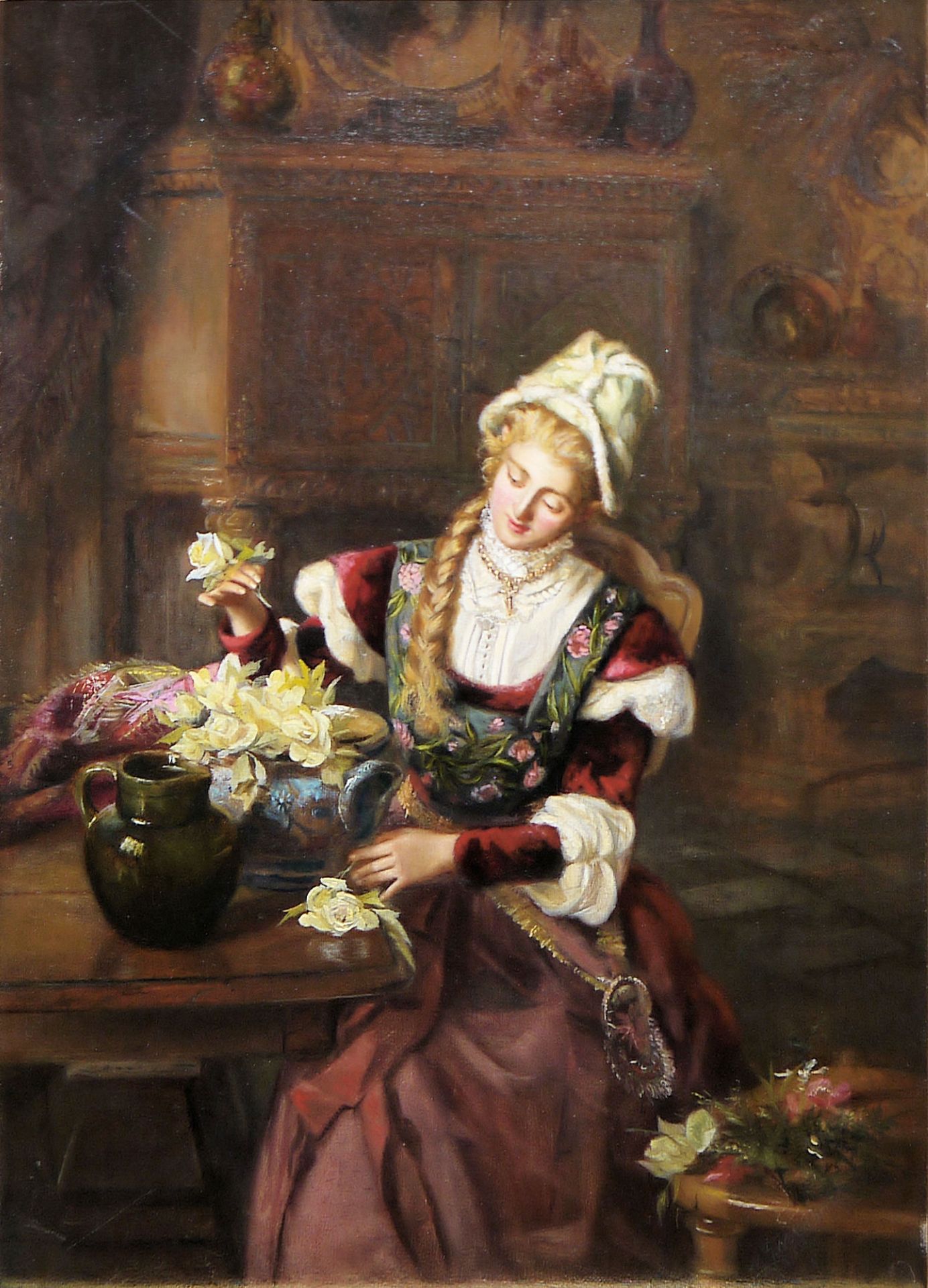Englischer Genre-Maler um 1860/70, Junge Frau beim Arrangieren von Blumen, Ölgemälde im wohl origin
