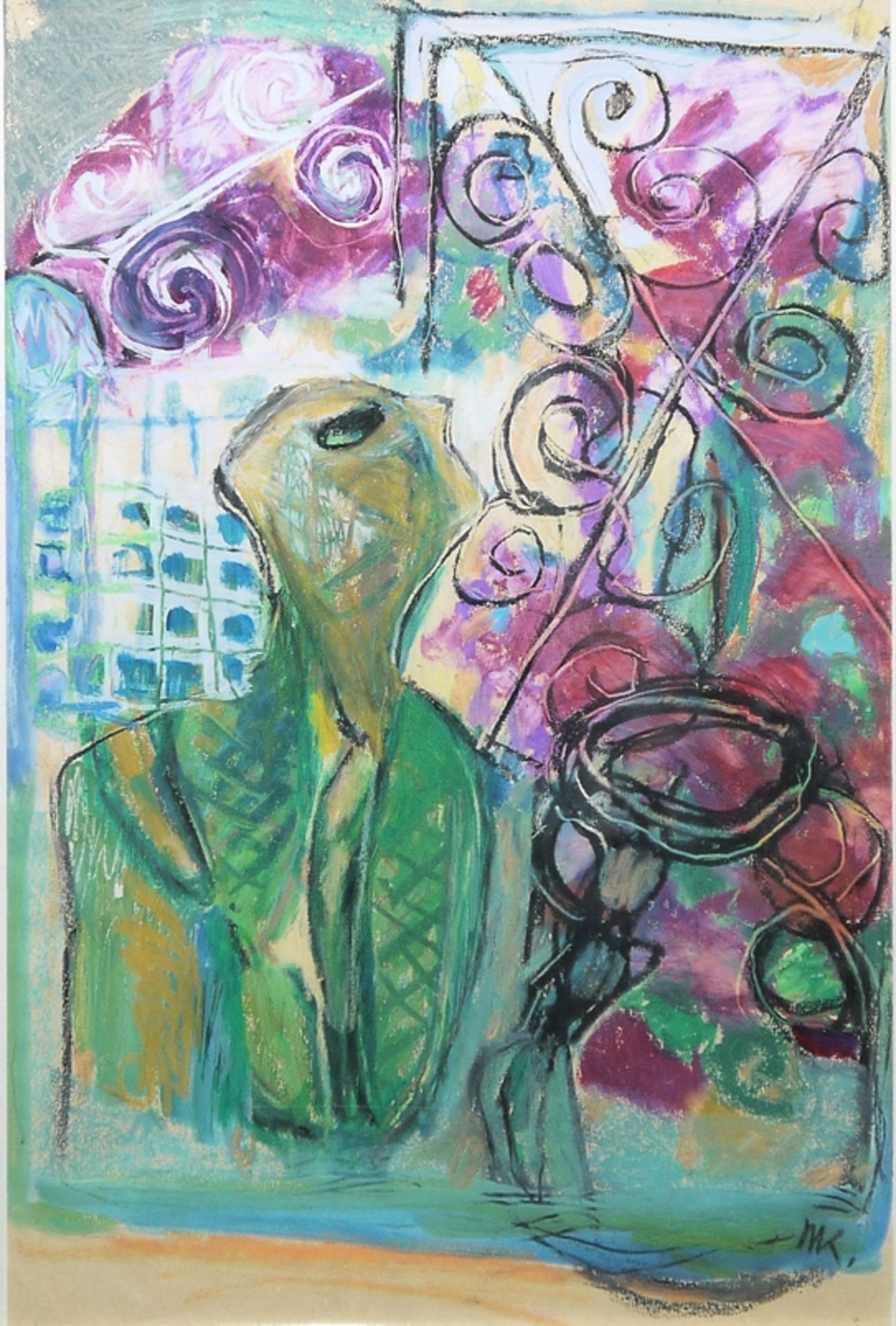 Marlise Klock, "Schilfblumen", Gouache & "Auf dem Balkon", Mischtechnik, gerahmt - Bild 2 aus 6
