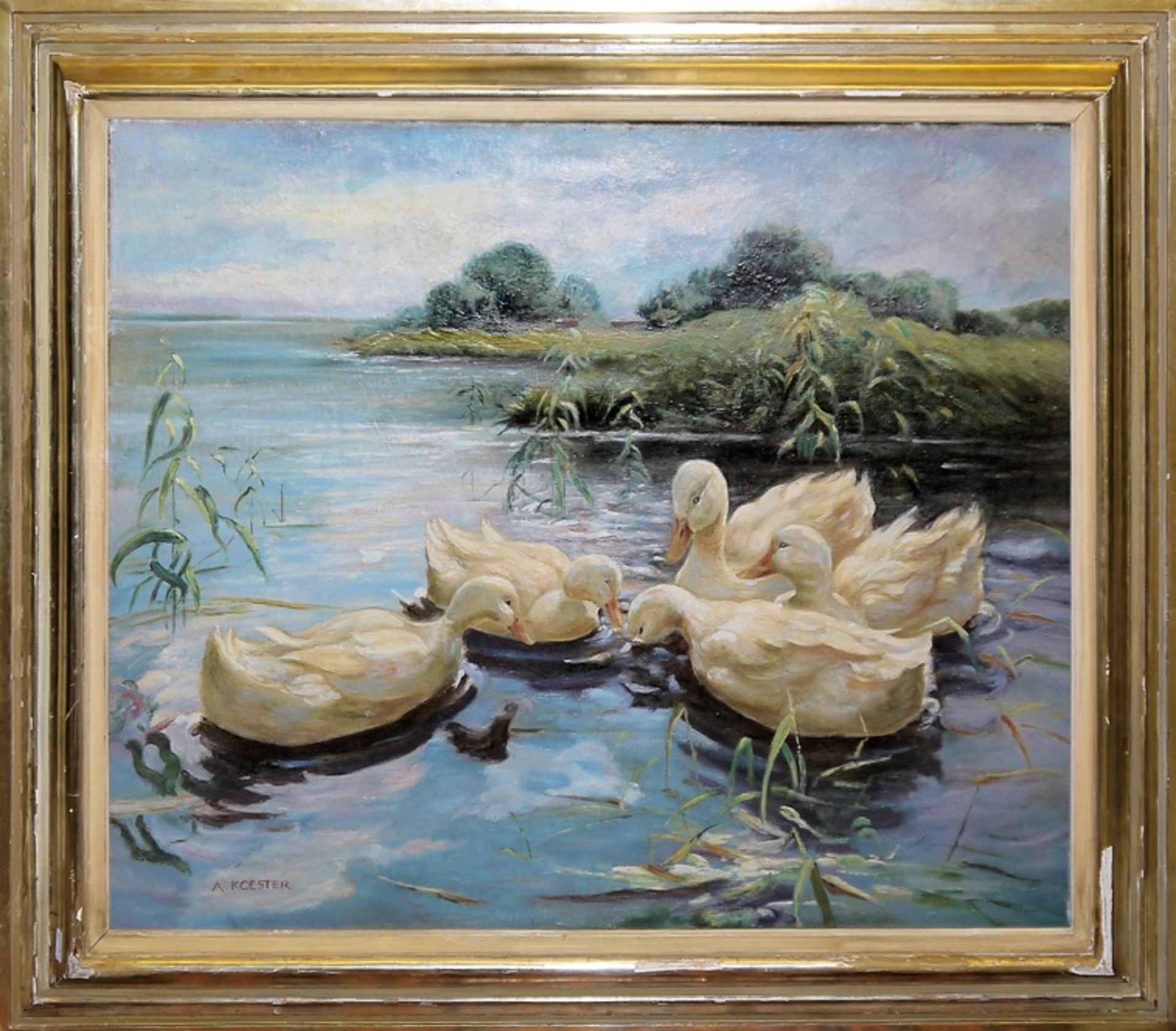 Alexander Koester, Fünf Enten, großes Ölgemälde, gerahmt - Bild 2 aus 4