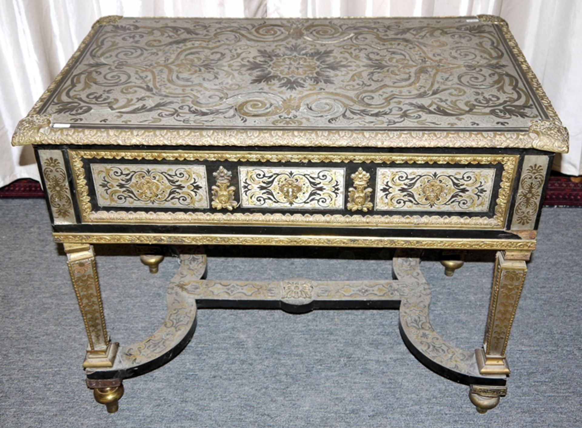 Kleiner Arbeitstisch mit Boulle-Marqueterie, Napoleon III, Frankreich um 1850/70 und ein Stuhl Stil - Bild 4 aus 8