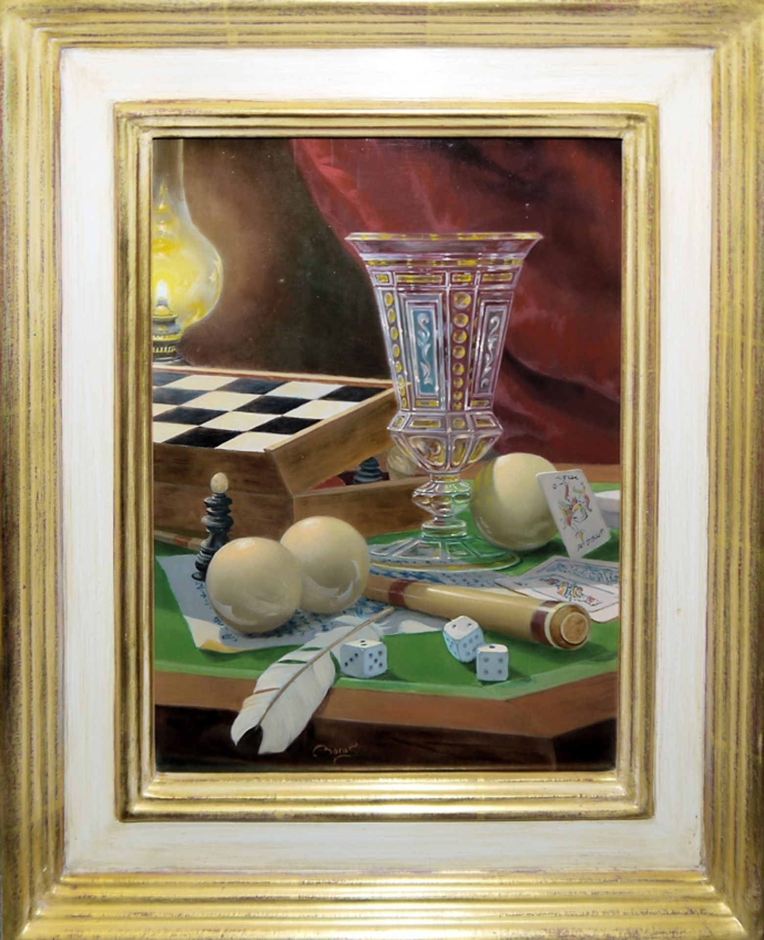 Gyula Boros, Altmeisterliches Stillleben mit div. Gegenständen auf einem Tisch, Ölgemälde in Galeri - Bild 2 aus 3