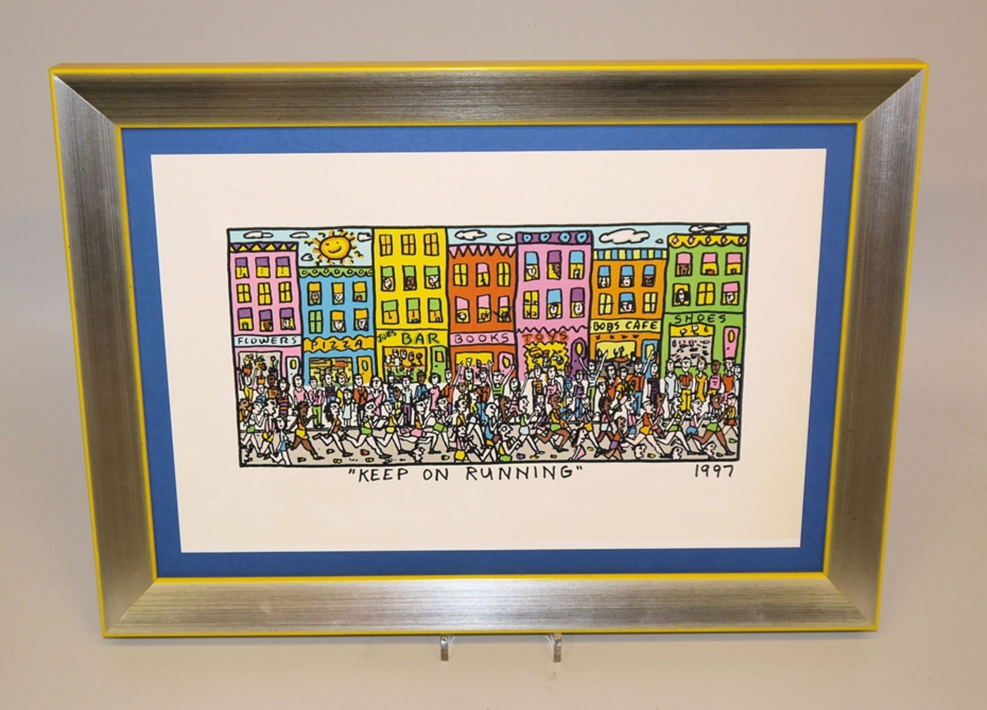 James Rizzi, "Keep On Running", Farblithographie von 1997, galeriegerahmt