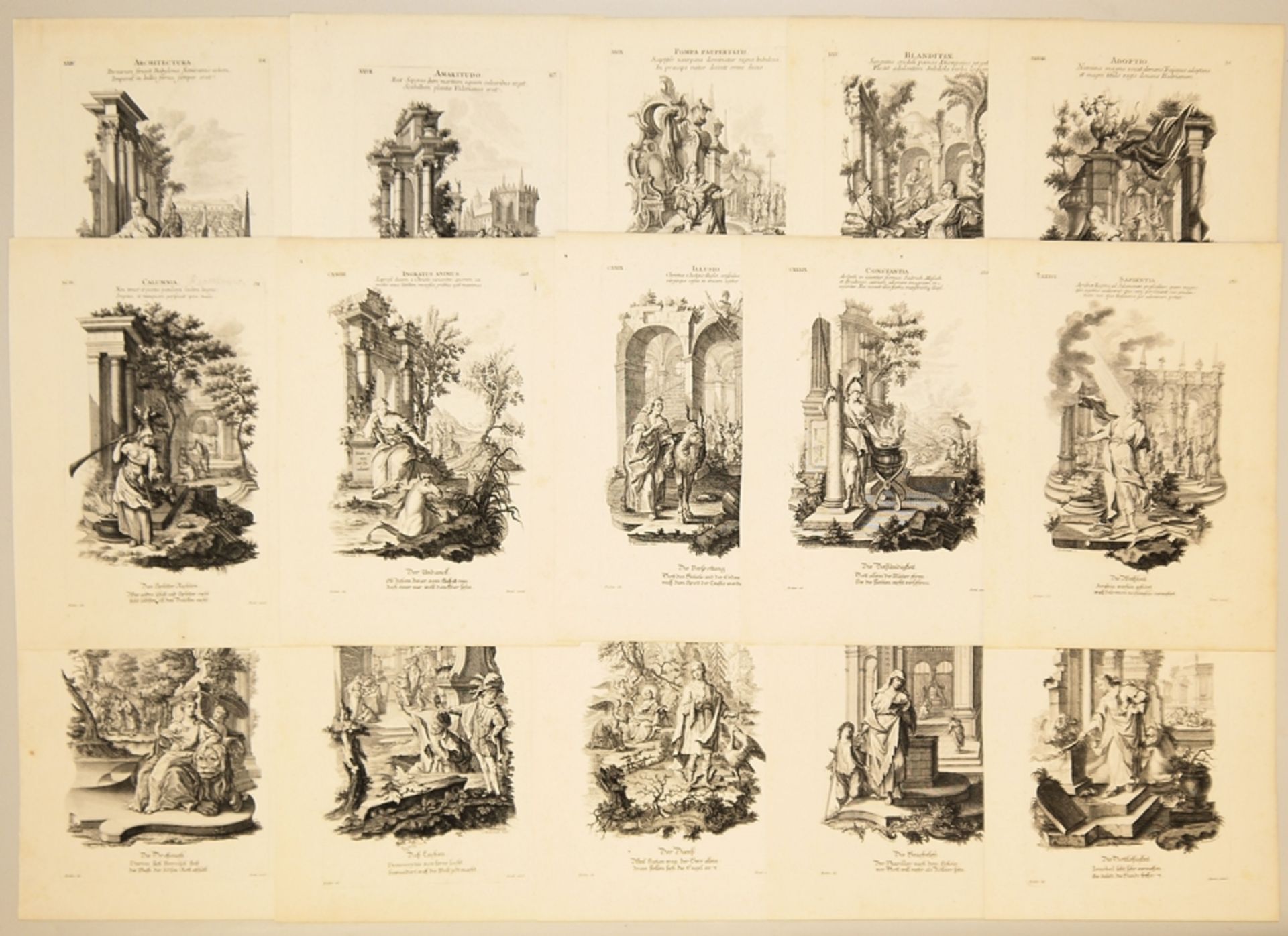 Gottfried Eichler / Johann Georg Hertel, 20 Kupferstiche aus "Historiae et Allegoriae", tiefschwarz