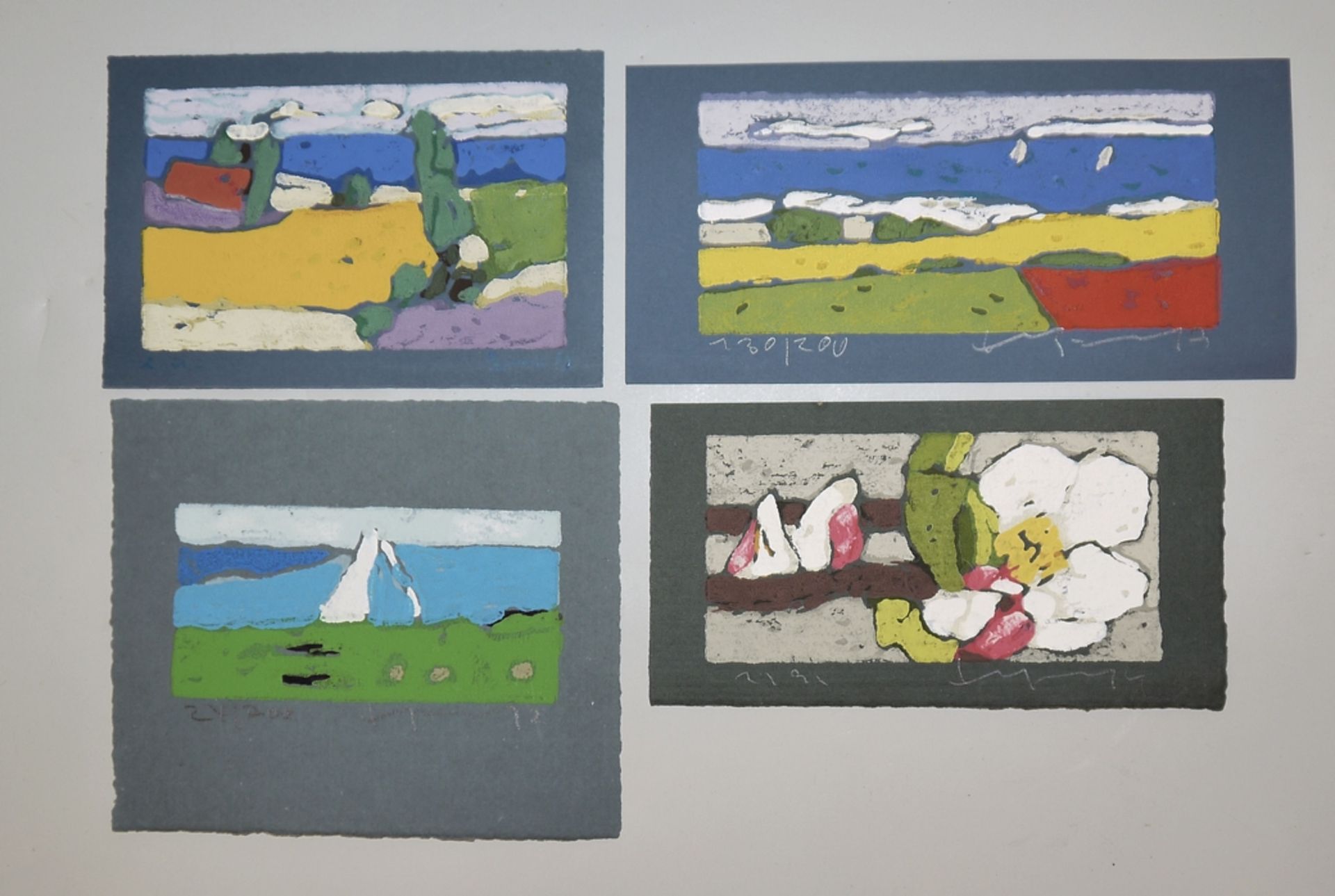 Klaus Fußmann, Landschaften und Blumen, 4 signierte Farblinolschnitte von 2012-19