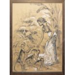 Franz Kienmayer, Balinesische Tänzerin, Zeichnung & Balinesin füttert Affen, Zeichnung, gerahmt, mi