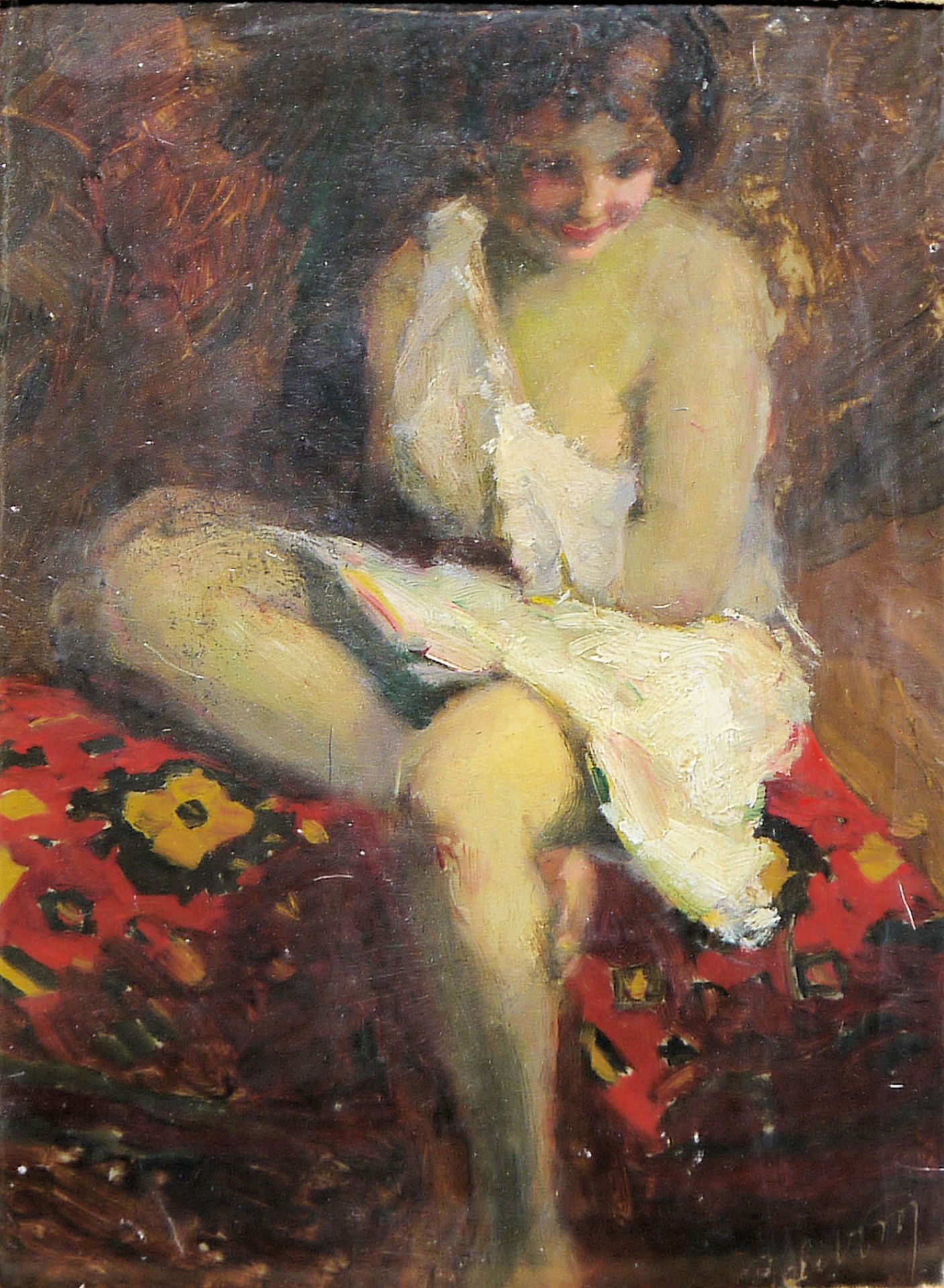 Ernö Ernest Vörös von Bèl, Boudoir mit eine leicht bekleideten jungen Frau, Ölgemälde, gerahmt - Bild 3 aus 3