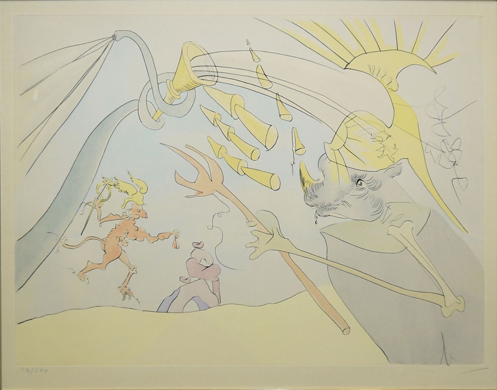 Salvador Dalì, "Der Elefant und der Affe Jupitters", sign. Kaltnadelradierung mit Pochoir von 1974,