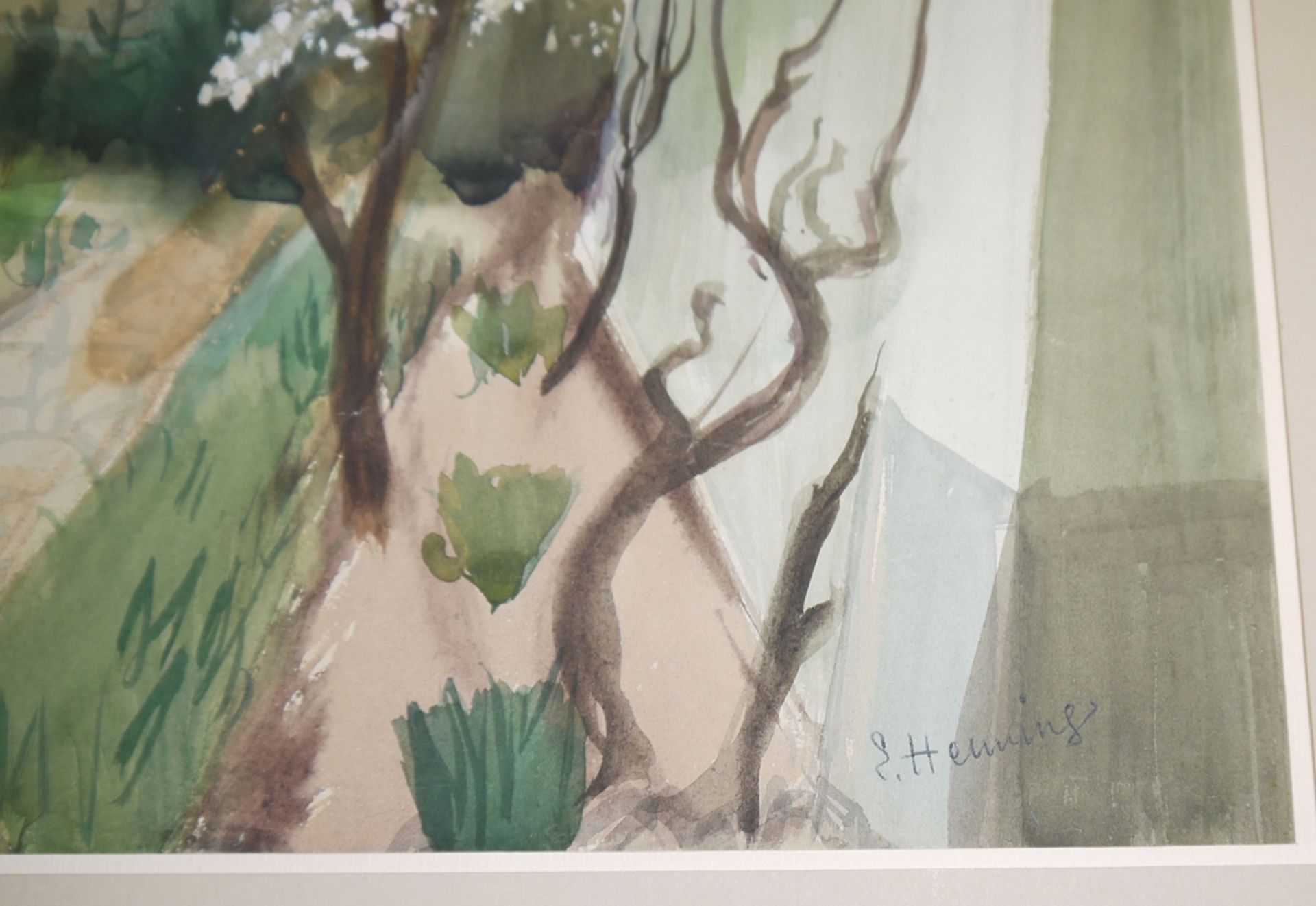 Erwin Henning, Ausblick aus dem Garten im Frühling, Aquarell um 1950 - Bild 3 aus 3