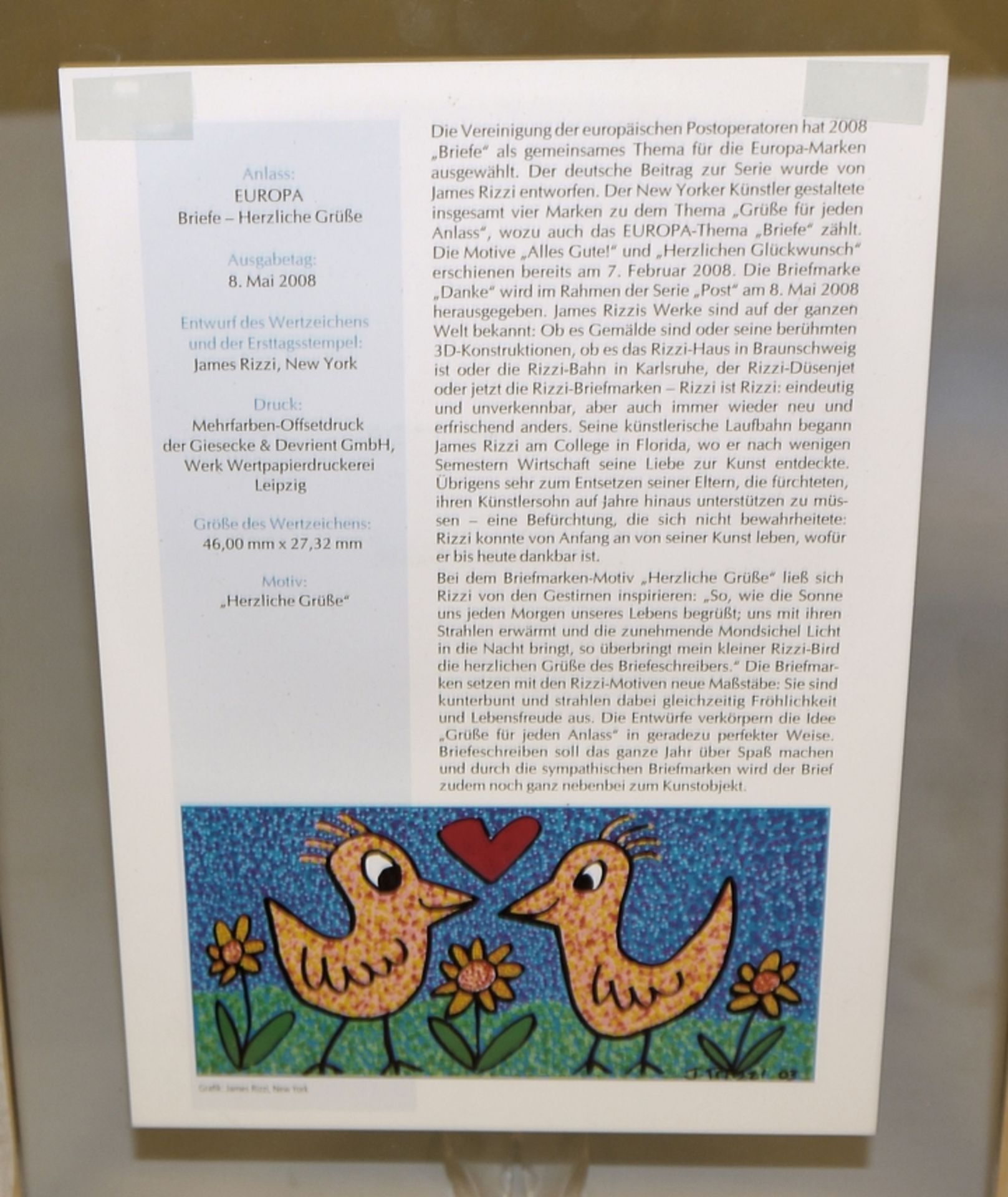 James Rizzi, 5 Briefmarken, "Europa - Herzliche Grüße" und 4 "Post"-Briefmarken, 2 x gerahmt - Bild 4 aus 5