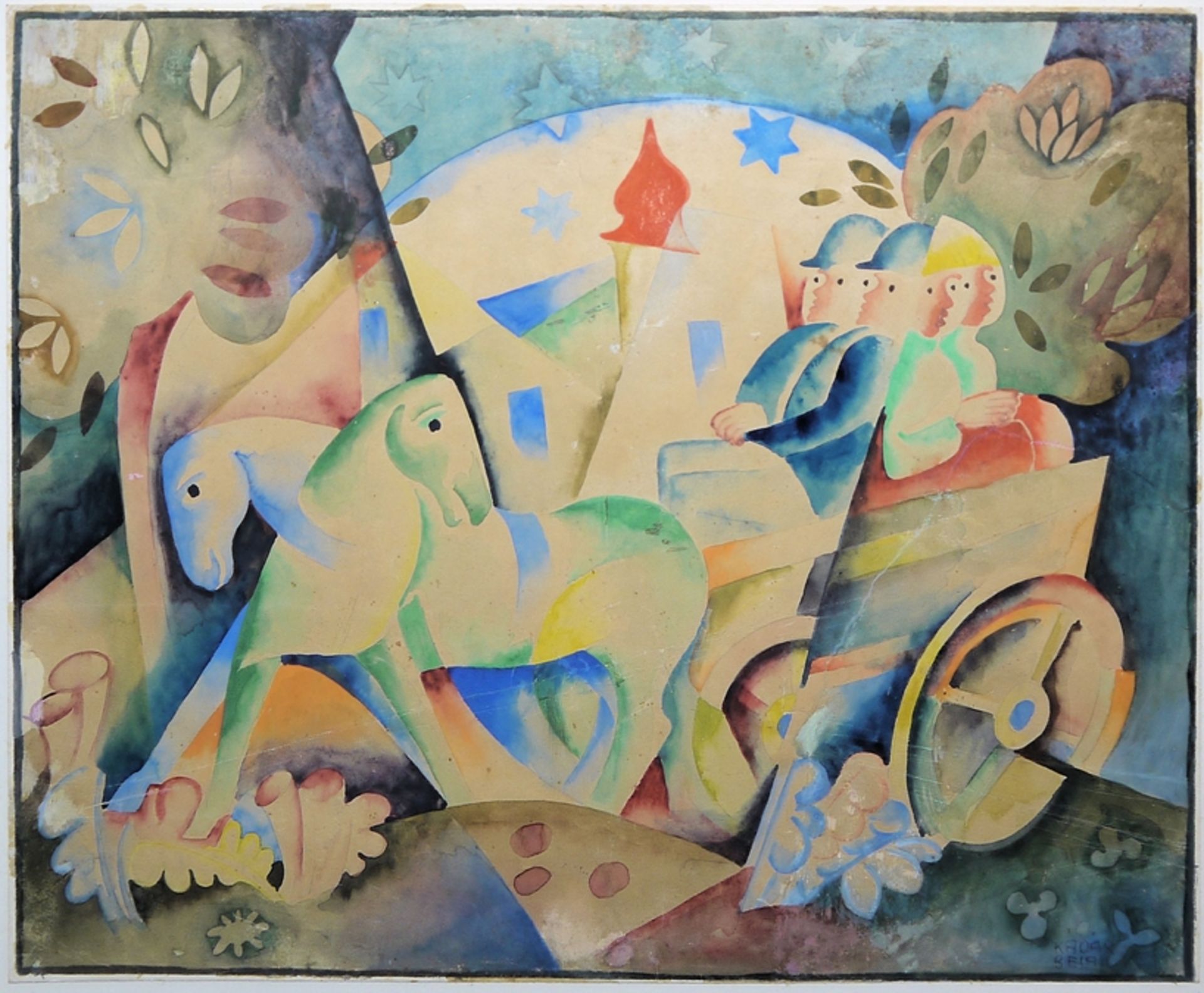 Béla Kádár, Kutschfahrt durch die Natur, signiertes Aquarell, um 1920