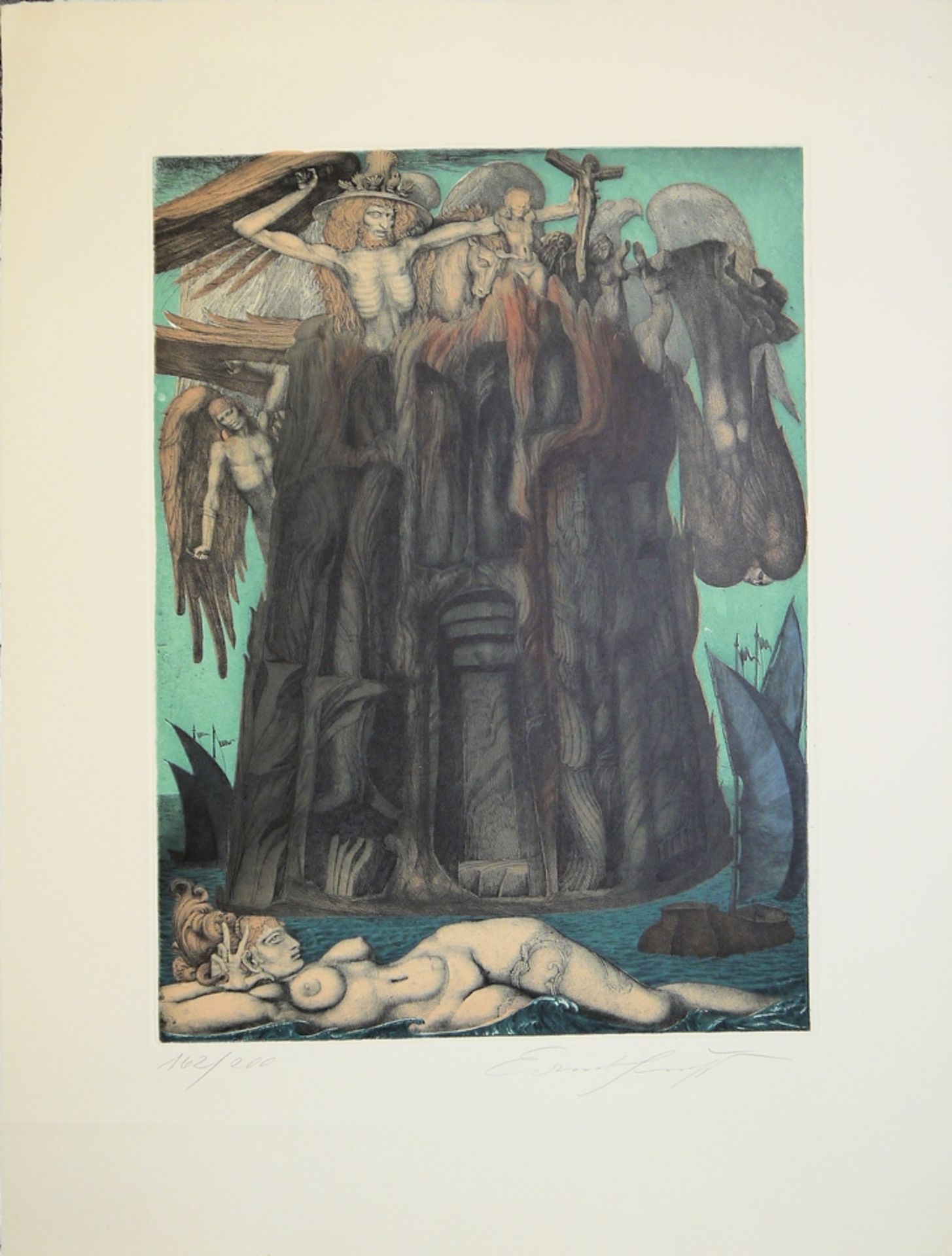 Ernst Fuchs, Das Gefängnis des Ikarus, signierte Farbaquatinta-Radierung von 1975